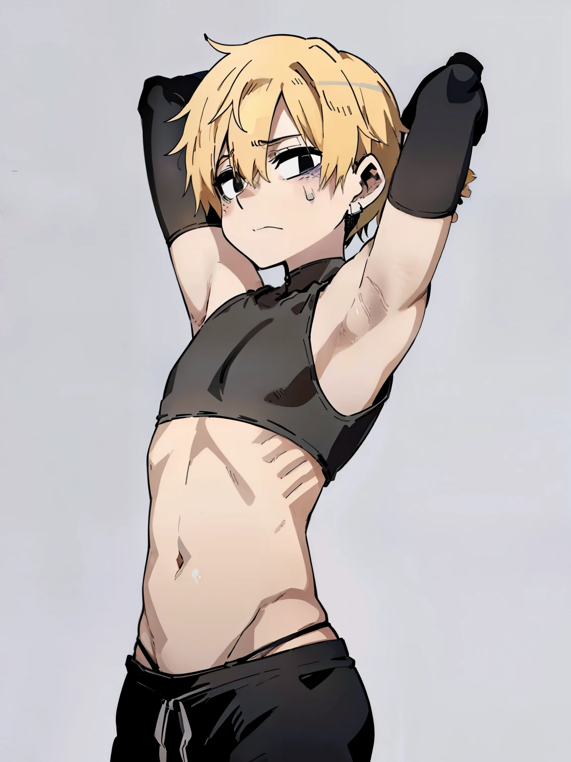 Anime style, Boy, blonde boy, pirced ear, (s), (Showing his armpits:1.3), Sleeveless hoodie, earrings, (very small and short stature), (very young boy), (very small and short body) (buko no pico)