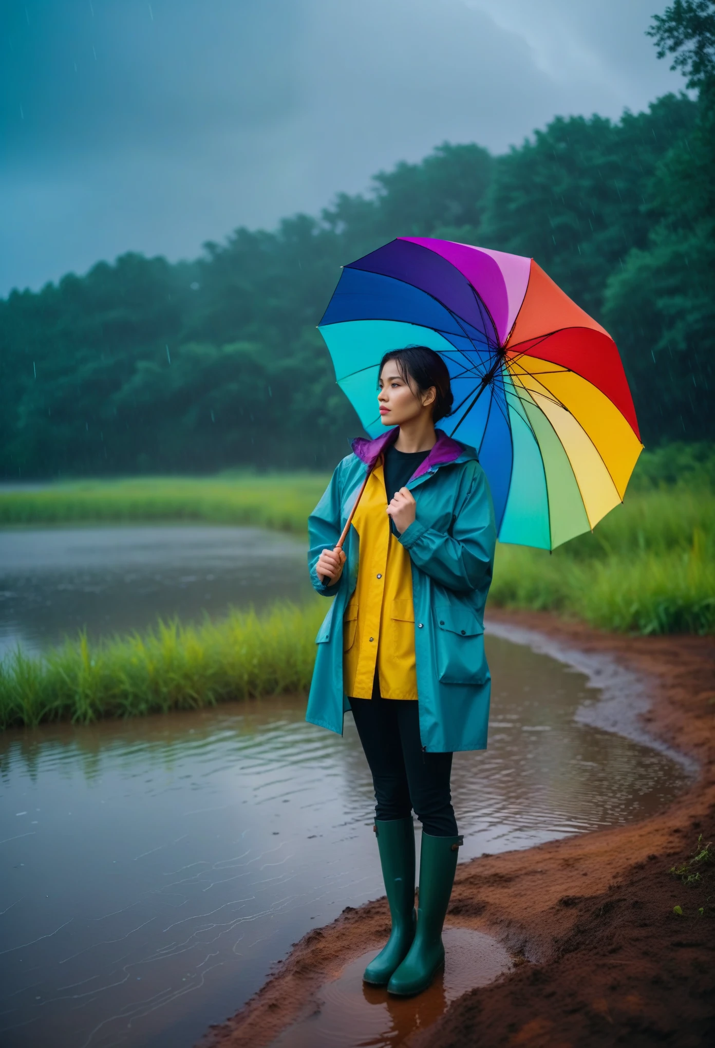 Realistic, beautiful, heavy raining evening Pond, a woman standing on the shore wearing rainproof clothes and holding a colorful umbrella, raw photo, landscape, 8k, film grain