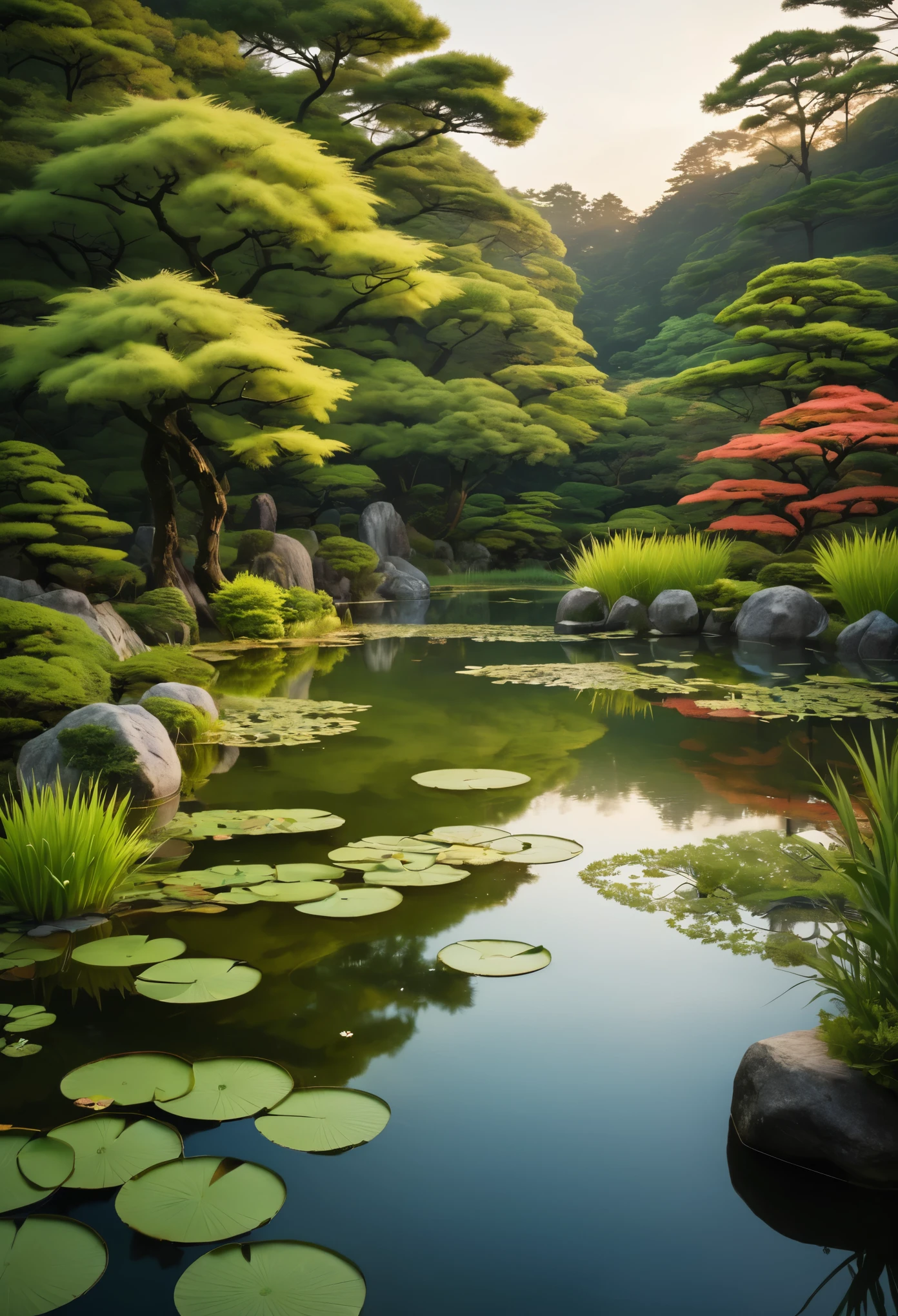 (highres, ultra detailed), evening pond, wild, beautiful, japanese pond, wild but well-kept