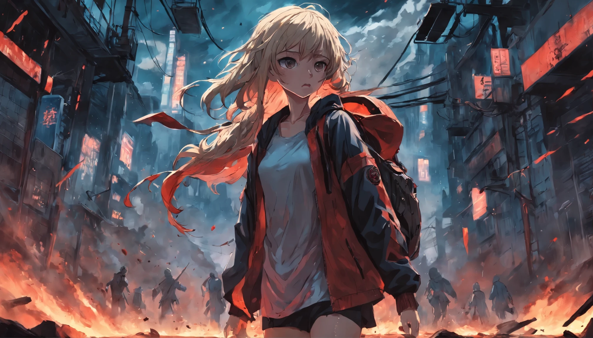 A woman in an apocalyptic scene, lutando bravamente, roupas rasgadas, sangue, dramatic scene (detalhe muito alto:1.4) 8k, perfeito, Melhor qualidade, melhor arte