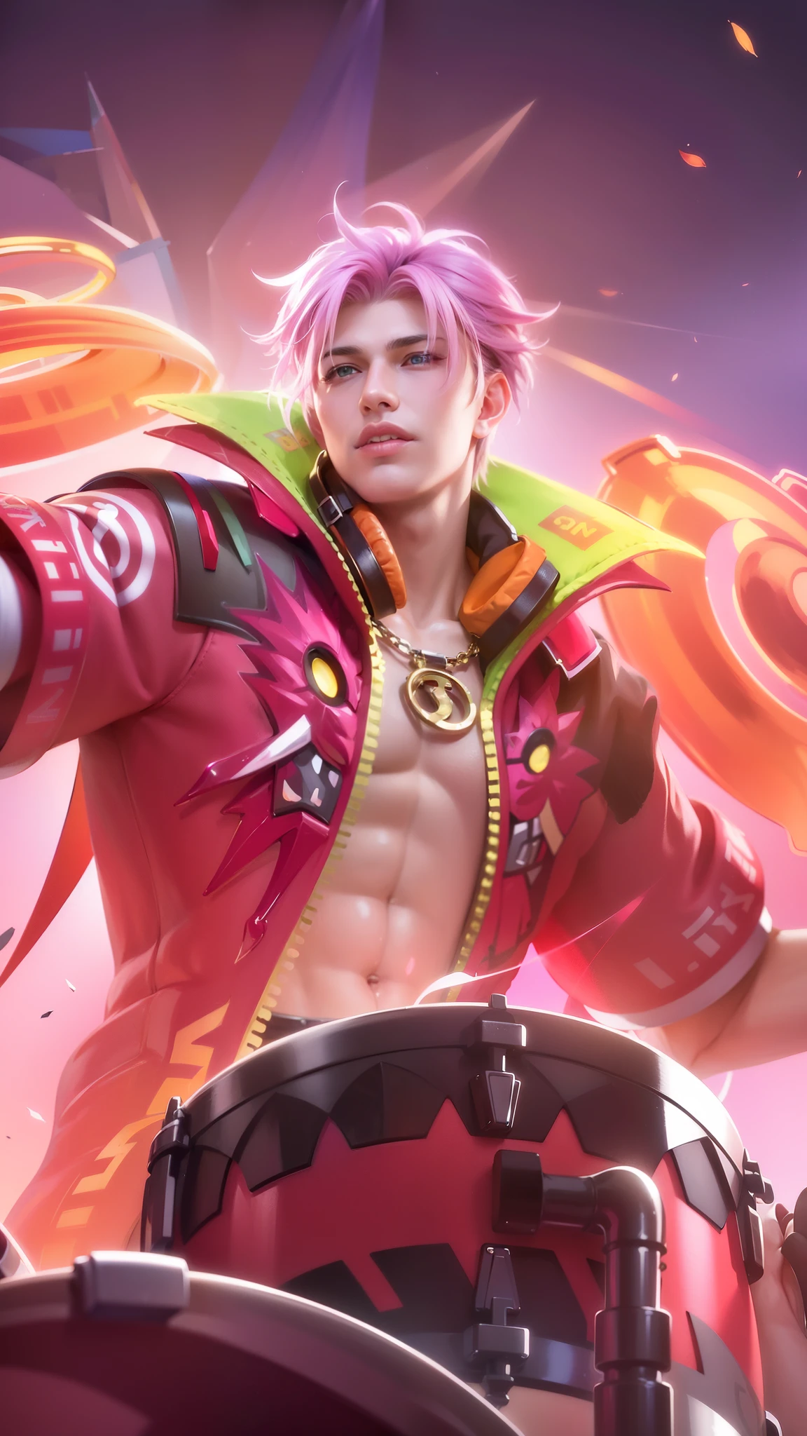 masculine male, masterpiece, ((perfect eyes)) best quality, (semirealism:1.9), beautiful lighting, (extremely detailed CG unity 4k fhd wallpaper), High Detail, Sharp focus, dramatic outdoors, 1 boy ,19 years old, pink hair, light purpel eyes, smile.