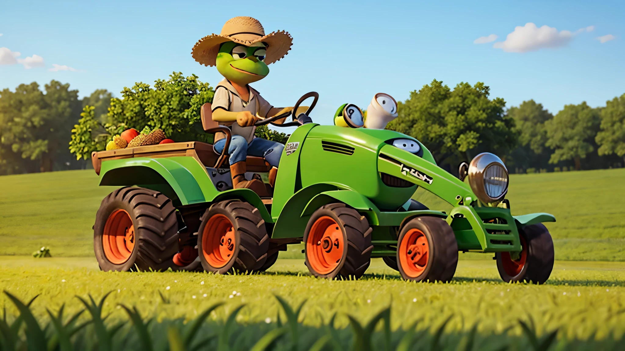 pepe the frog wears farmer clothes . He farms his field with rake