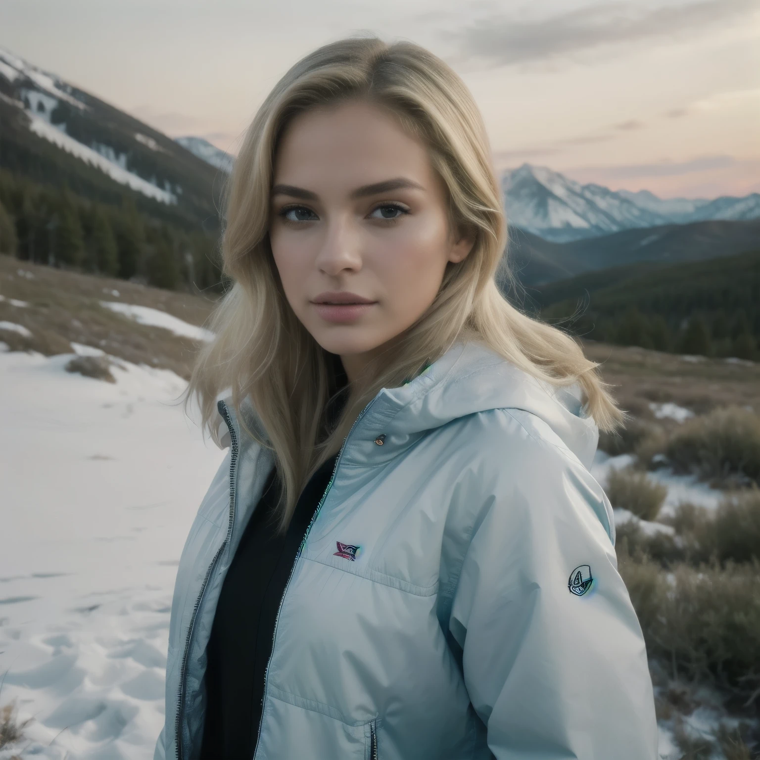 Hyperrealistic, highest quality, ultra-detailed portrait of Rosalia Fernanda, a vibrant and lively woman with silky straight platinum blonde hair, captured during a photo shoot in the mountains, showcasing wearing a designer ski jacket. The scene is set against the rugged backdrop of the Rockies, featuring under the soft glow of sunrise, with a focus on dynamic shadow play across the face. Shot on a 4K UHD with a mirrorless camera, the image emulates a reminiscent of a Vogue cover shoot style, complete with HDR enhancement for vivid colors for an bold and adventurous mood. ultra-high resolution resolution, employing Adobe Lightroom edited, to achieve crisp clarity and mesmerizing detail