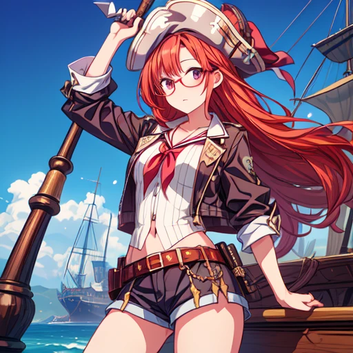 game CG,break,look away,break,masterpiece
,highest quality,Super detailed,8K
,High resolution,break,cute,
beautiful girl,16 years old,(flowing bangs:1.2},(semi-long、Red hair:1.4}}, anime character,fantasy、Glasses、pirate hat、Dressed as a pirate、cowboy shot、Ride a pirate ship、hold a cutlass