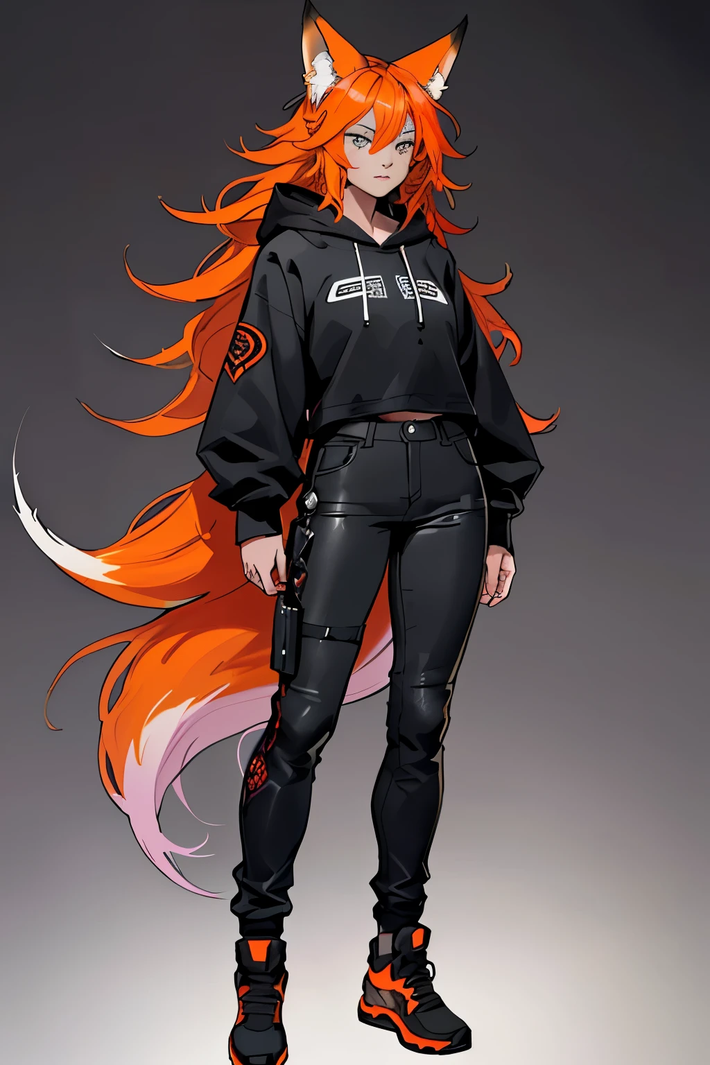 1 girl, Vi arcane, wavy hair, orange hair, long hair and fox ears, ager, hoodie, pants, black clothing, colourful hair, light background, full body, teen, tribal tattoo, colorful parts, sketchbook, hand drawn hand, symbols, dark , bold, realistic sketch, sketch, mixing dark lines and loose lines, bold lines, on paper, turn on character sheet, human woman, grey eyes, full body, imposing pose, lots of details, stylish outfit, symbols, runes , dark theme , black shirt, beautiful, pretty, modest