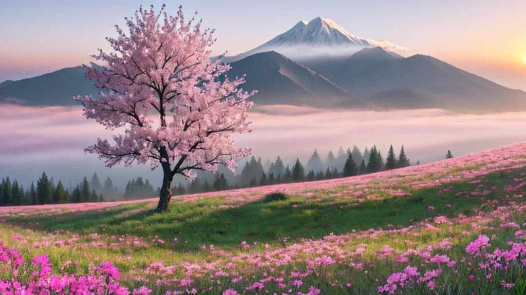 a twig of an apple tree with pink flowers below it is a meadow full of beautiful flowers on the horizon there are mountains in the fog with the rising sun bright colors romantic style