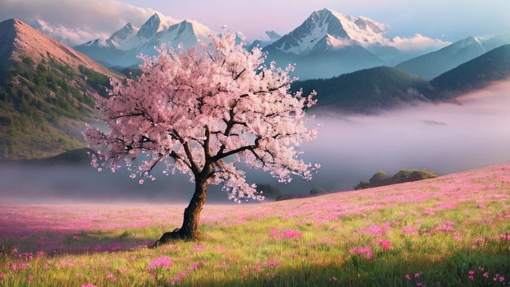 a twig of an apple tree with pink flowers below it is a meadow full of beautiful flowers on the horizon there are mountains in the fog with the rising sun bright colors romantic style