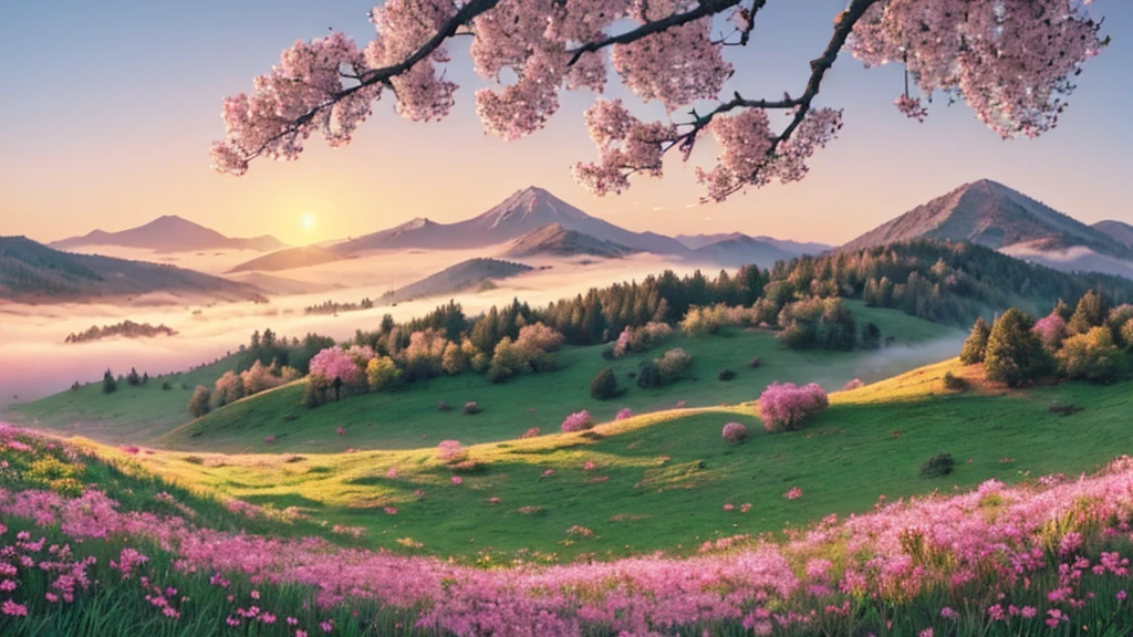 a twig of an apple tree with pink flowers below it is a meadow full of beautiful flowers on the horizon there are mountains in the fog with the rising sun bright colors romantic style