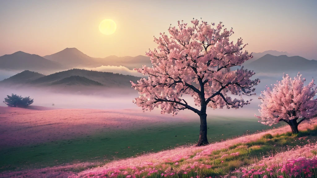 a twig of an apple tree with pink flowers below it is a meadow full of beautiful flowers on the horizon there are mountains in the fog with the rising sun bright colors romantic style