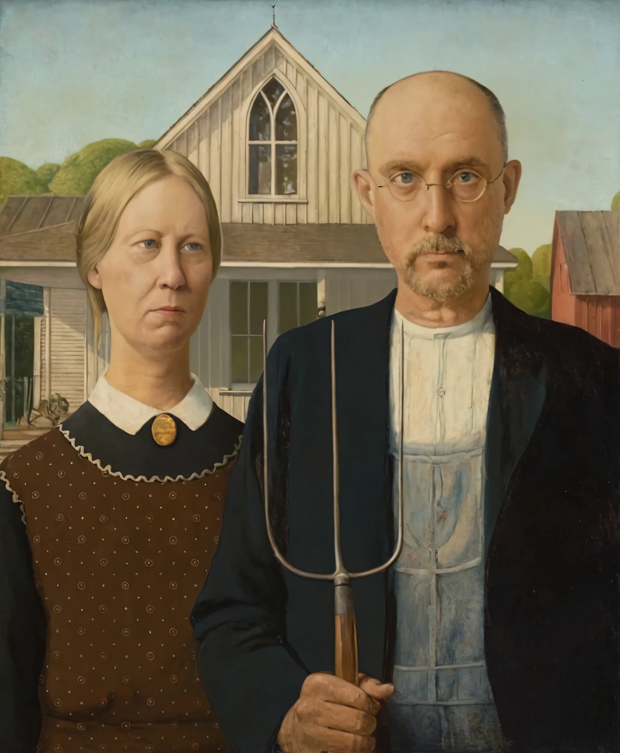 painting of a man and woman holding a pitchfork in front of a house, the 'american gothic' painting, american gothic style, american gothic, the american gothic painting, ( ( ( grant wood ) ) ), by Grant Wood, inspired by Grant Wood, american gothic interior, a painting of two people, by Jon Whitcomb, looking directly at the viewer/ man is wearing wire glasses 