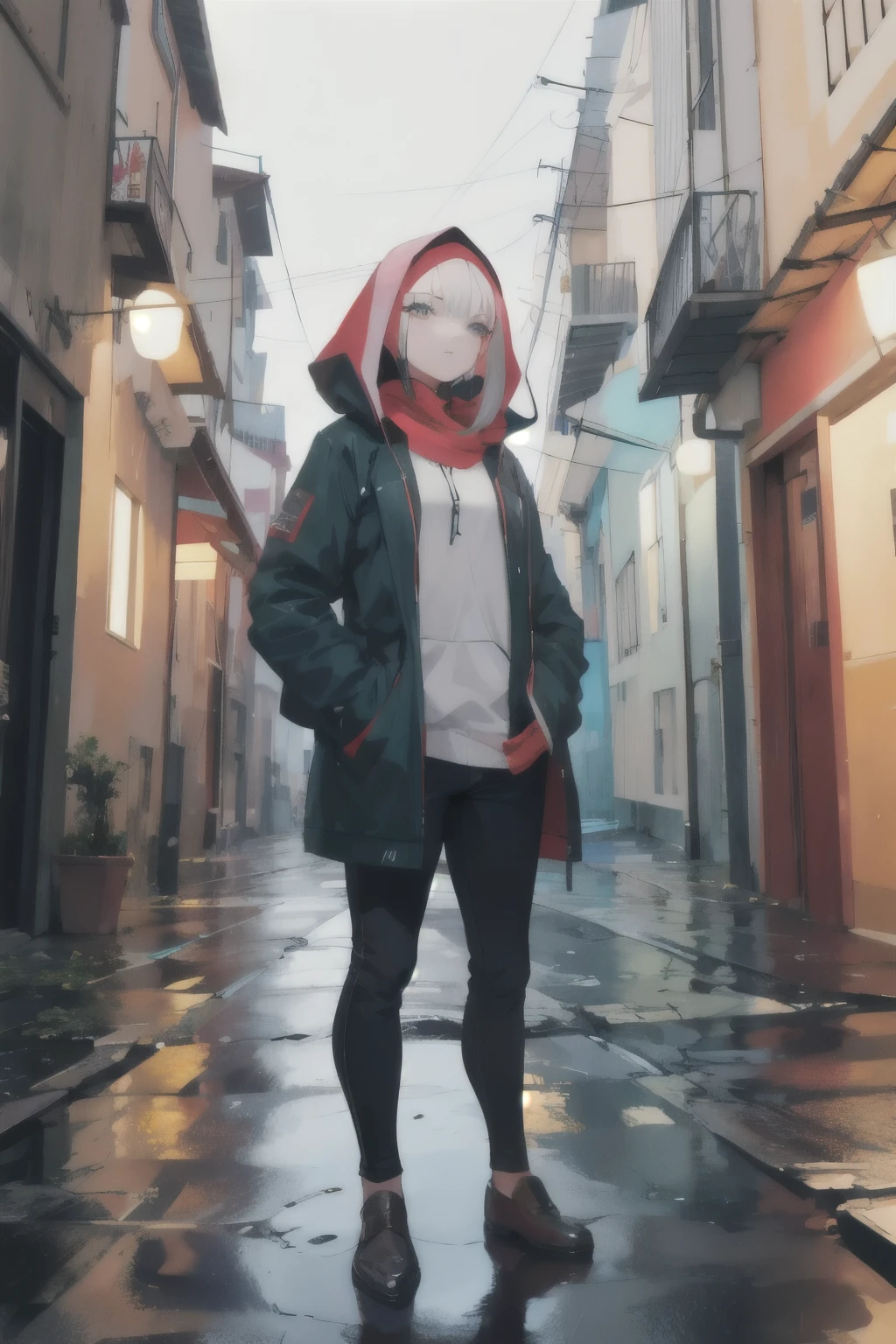 1 garota,cidade noturna,chuva,casaco,hands in pockets