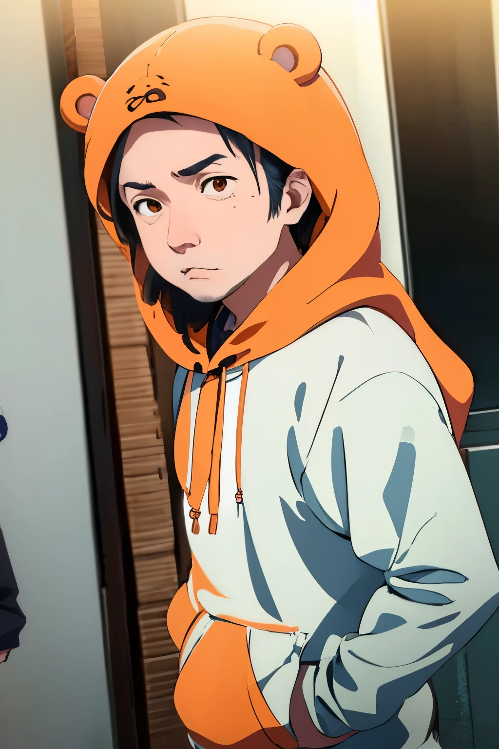 A man wearing a white shirt and hoodie taking a photo, boy weaAlsog hoodie, orange hoodie, anime boy in real life, ayaka cosplay, anime boy cosplay, umaru-chan, Also, weaAlsog hoodie, cute cute boy, attractive anime boy, Asuka Langley Soryu, lena name year style 3/4, anime. soft lighting, Round hood