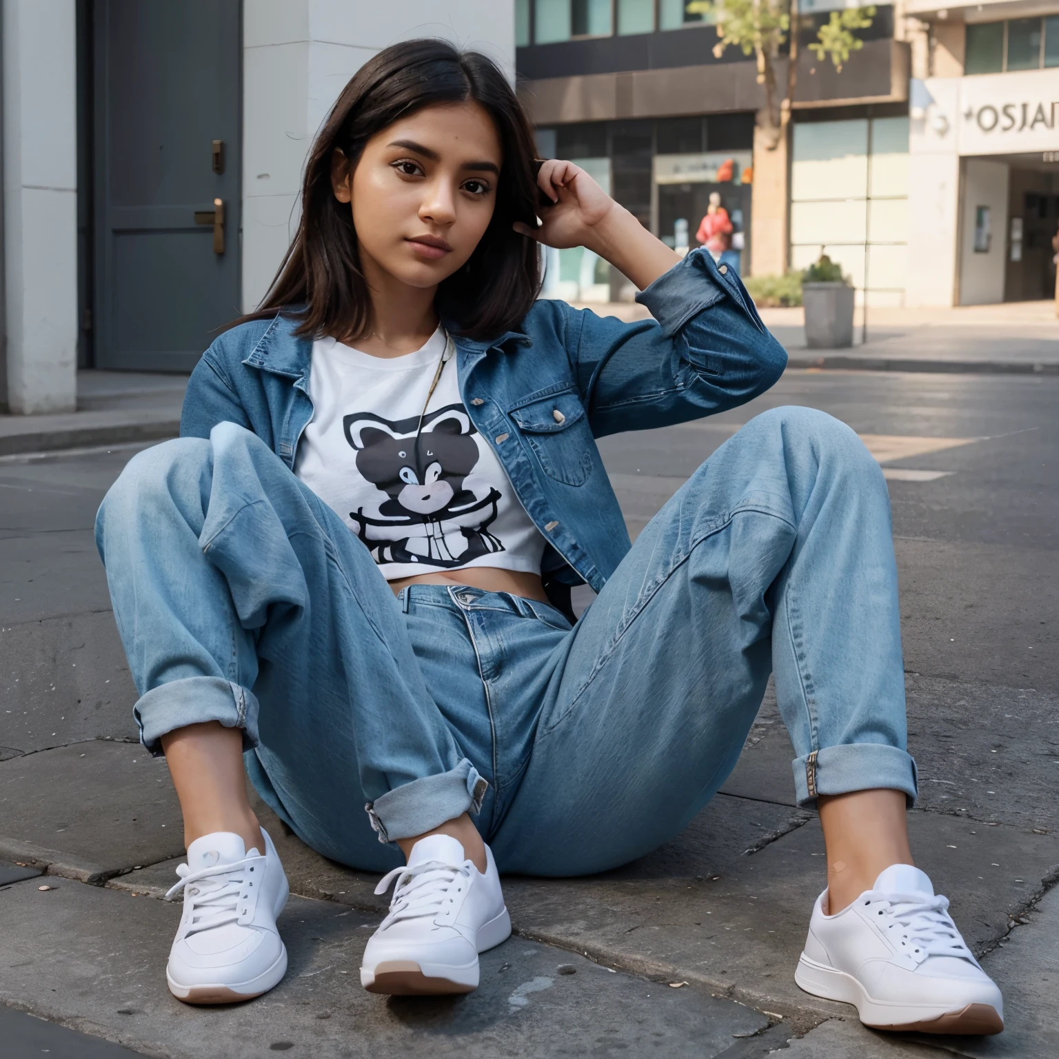 Create a 3D illustration of an animated character sitting casually on top of a social media logo "Instagram". The character must wear casual modern clothing such as jeans jacket and sneakers shoes. The background of the image is a social media profile page with a user name "ABHISHEK" and a profile picture that match