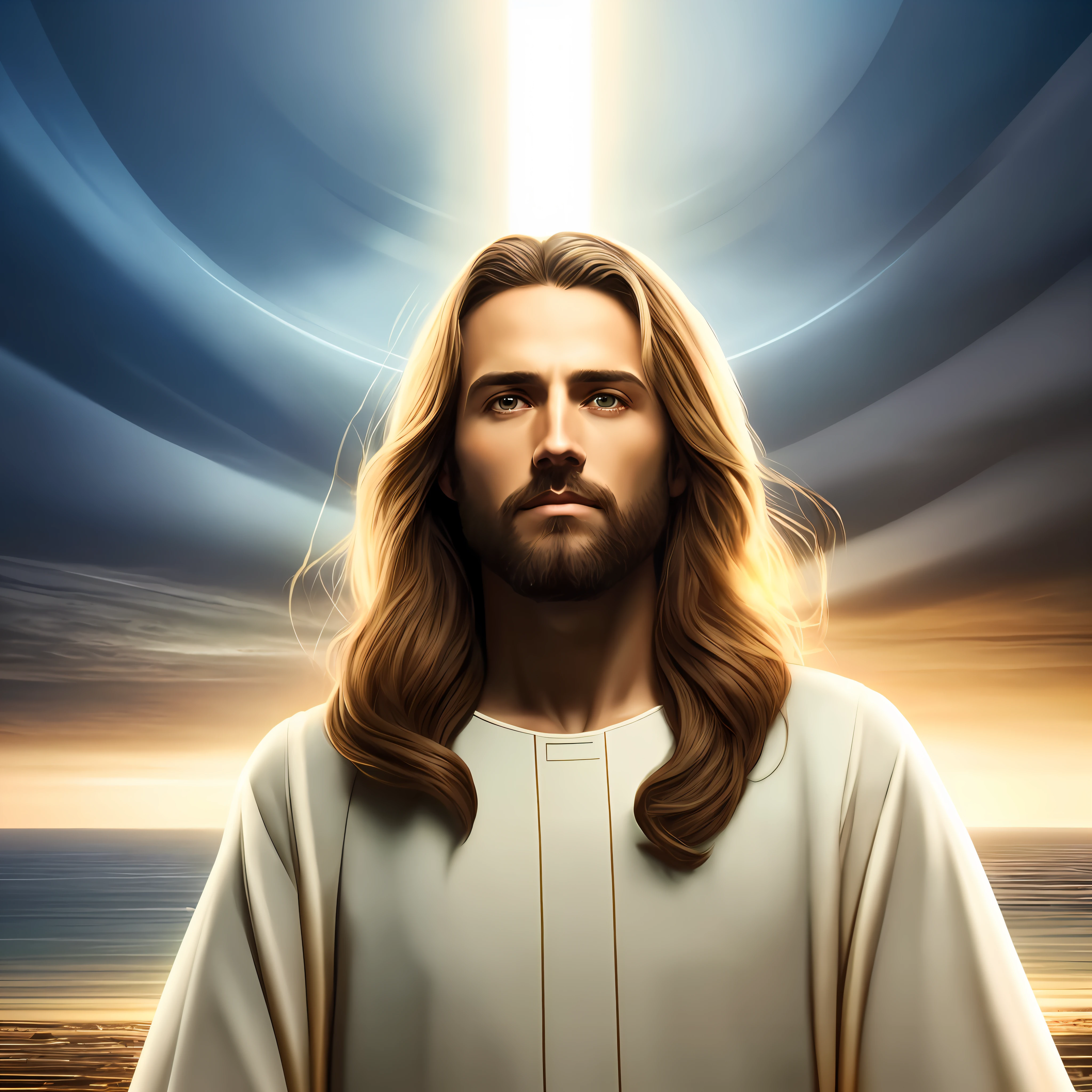 Jesus is standing in front of a cross with a background of heaven, Tron legado Jesus Cristo, Tron legado Jesus, Jesus Cristo, Jesus Cristo em Mass Effect, Retrato de Jesus Cristo, Jesus, rosto de Jesus, Greg Olsen, jesus of nazareth, O Senhor e Salvador, glowing halo above his head, arte conceitual de deus, Jovem Deus Todo-Poderoso, Jesus Gigachad