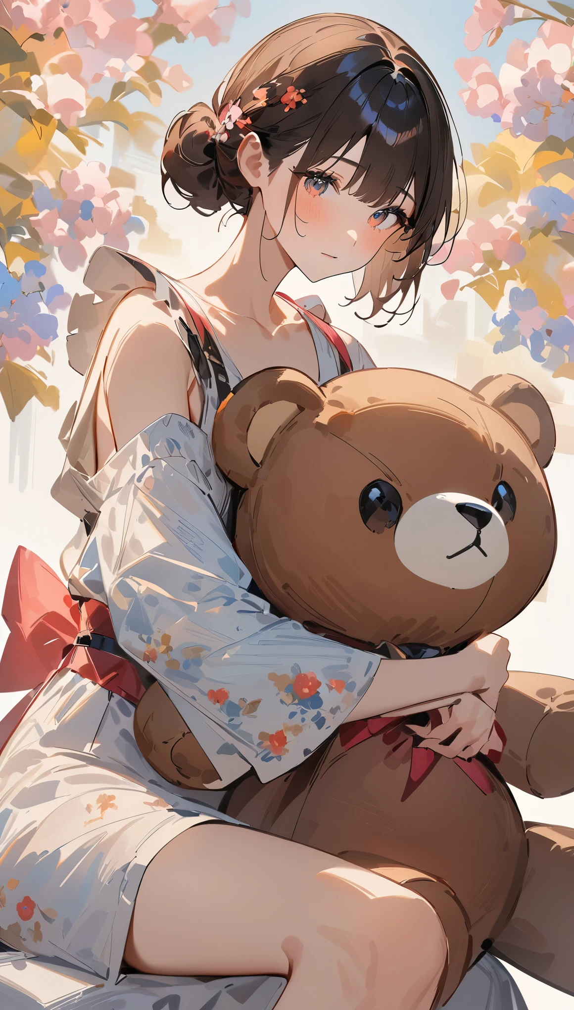 (((simple configuration)))、(((The background is a white wall:1.2)))、one girl、(((hug a giant teddy bear)))、perfect anatomy、painterly、sketch、very delicate、wall with cloud-like pattern、、Floral、delicate depiction、abstract、Bright colors overall、Gentle color、Taisho romance、(masterpiece、highest quality、highest quality、official art、beautiful beautiful:1.2)、