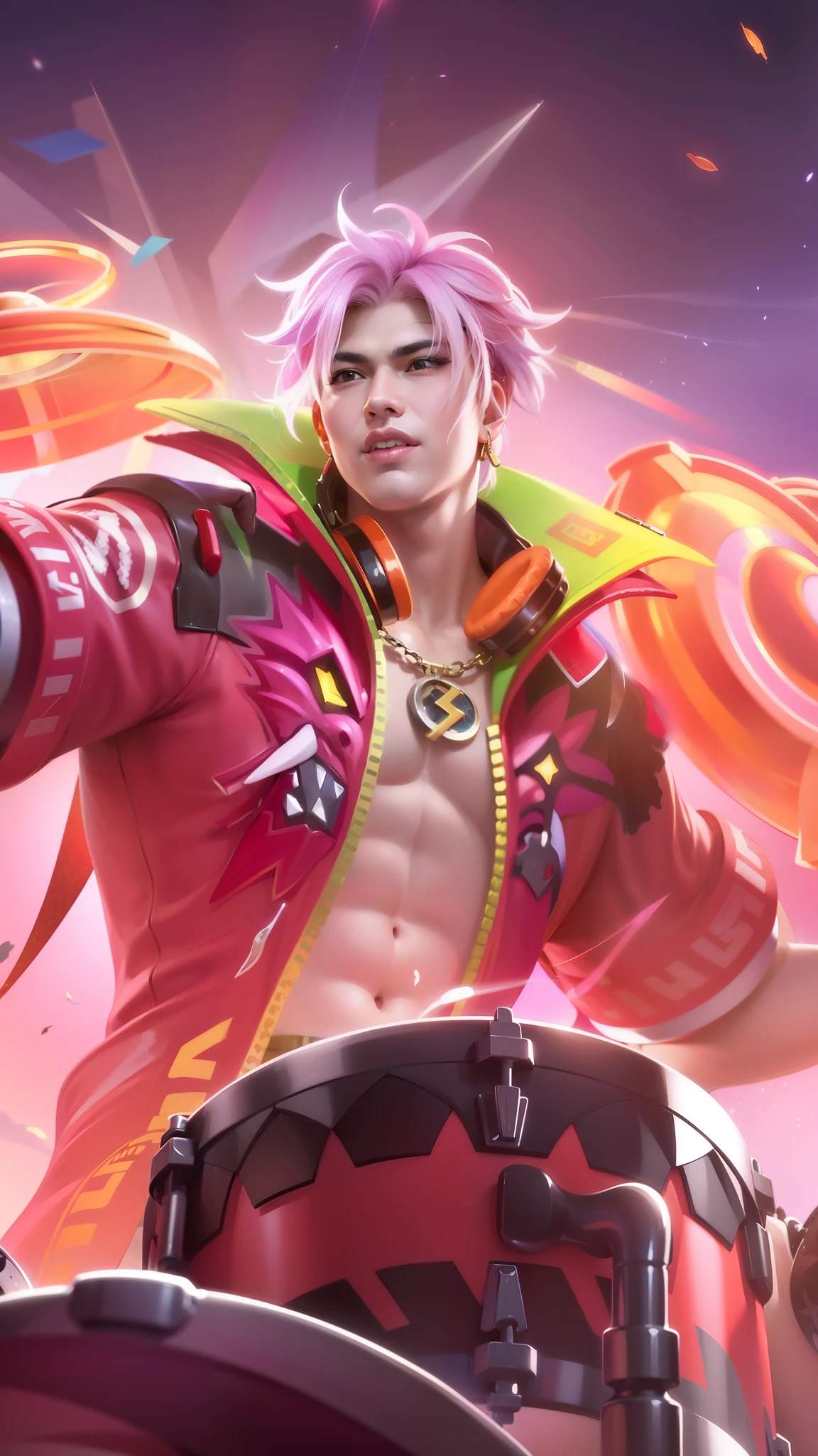 a close up of a person with a drum and a fire, rossdraws cartoon vibrant, heise jinyao, mobile legends, extremely detailed artgerm, g liulian art style, ig model | artgerm, inspired by Huang Shen, inspired by Pu Hua, rossdraws and jazza, trigger anime artstyle, dio brando, official artwork, headphone