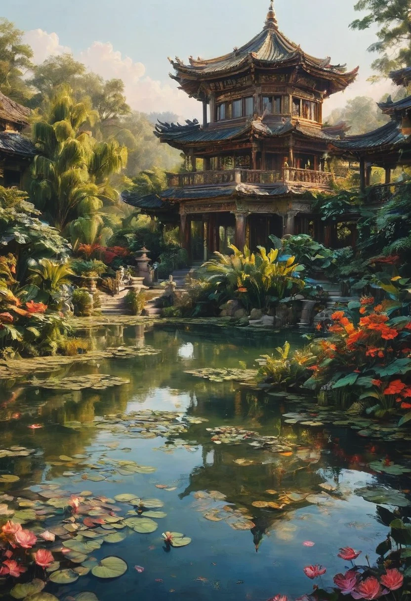 Evening Pond, by Kim Jung-gi, best quality, masterpiece, very aesthetic, perfect composition, intricate details, ultra-detailed