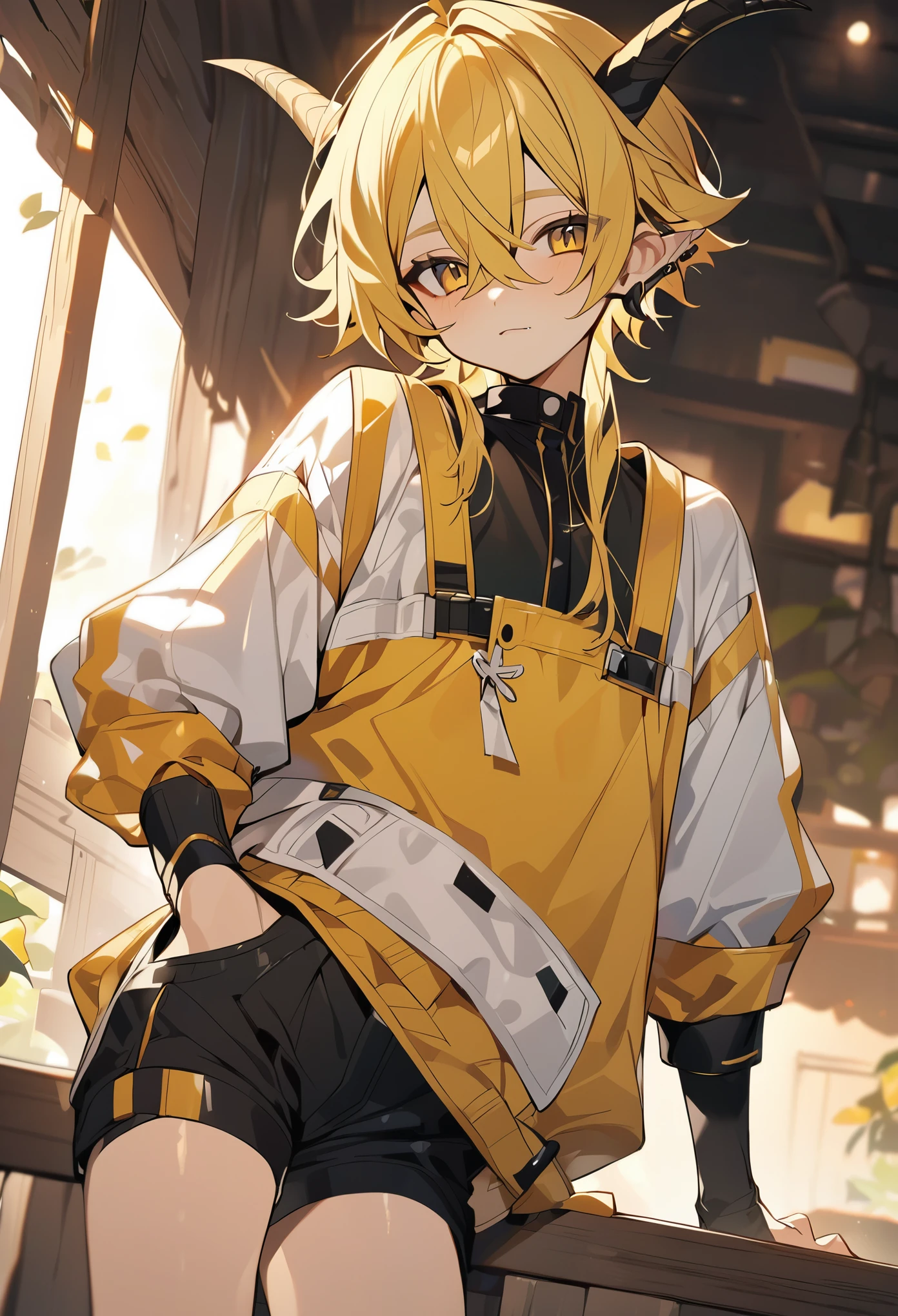 Highest quality yellow haired 2D boy with horns, cute and androgynous