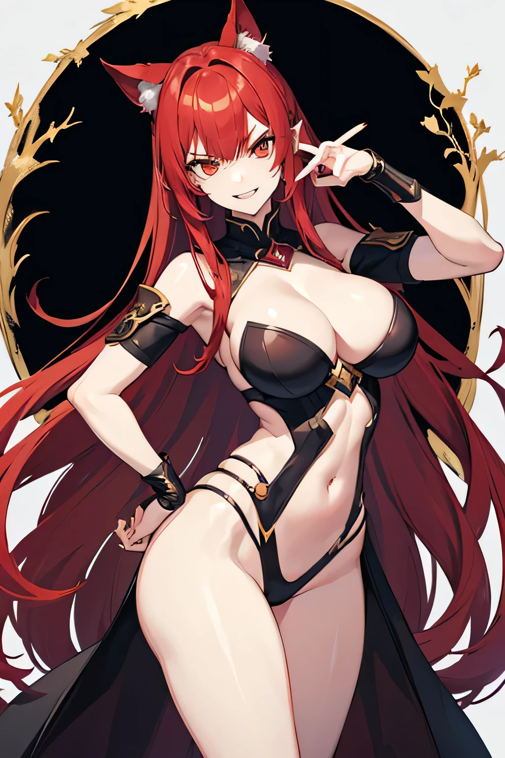 1girl, red hair colour, long hair, cute, villain pose, full white skin, body, black skimpy magician clothing, d cup breasts, thicc, big breasts, big hips, white skin, tall, standing, anime girl, 2d, 4K, masterpiece, high quality, looking forward, angry eyes, evil grin with fangs