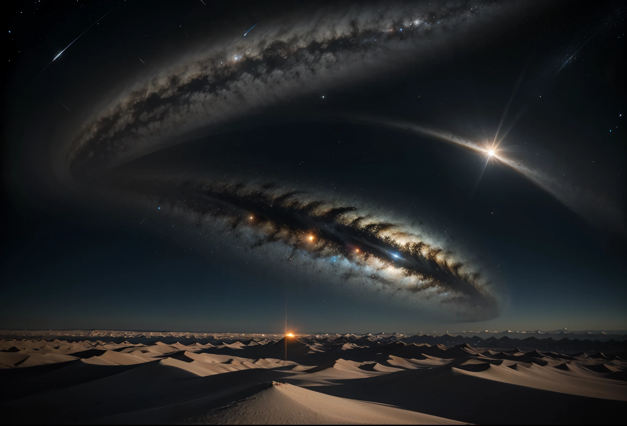 Draw a realistic representation of the universe, com o sistema solar em destaque. O Sol deve ser o ponto focal, cercado pelos planetas do sistema solar, each with their distinct features and visible orbits. No fundo, inclua uma infinidade de estrelas, nebulosas e outros corpos celestes, creating a vast and impressive cosmic landscape. The image must convey the immensity and beauty of the universe, with precise details and a sense of grandeur