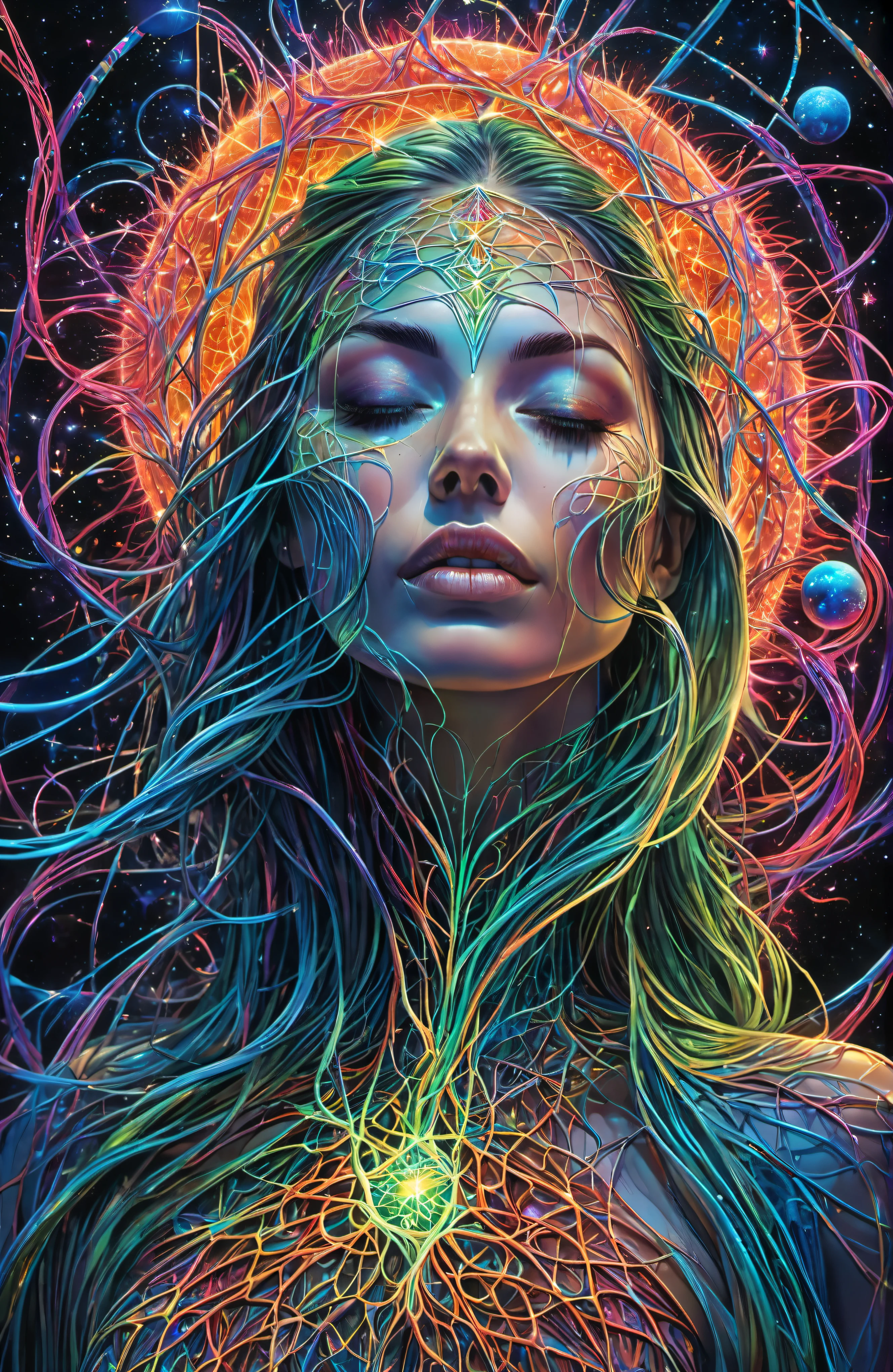 masterpiece, best quality, ultra high res, extremely detailed, (psychedelic art:1.4), woman, veil, visually stunning, beautiful, award-winning illustration, cosmic space background, ethereal atmosphere, ultra quality, beautiful girl, cosmical concept, rainbow strings, rainbow skin, rainbow bloody veins growing and intertwining out of the darkness, nailed wire, oozing thick blue blood, sharp neon, veins growing and pumping blood, vascular networks growing, green veins everywhere, yin and yang, glowing space, glowing stars, infinity symbol