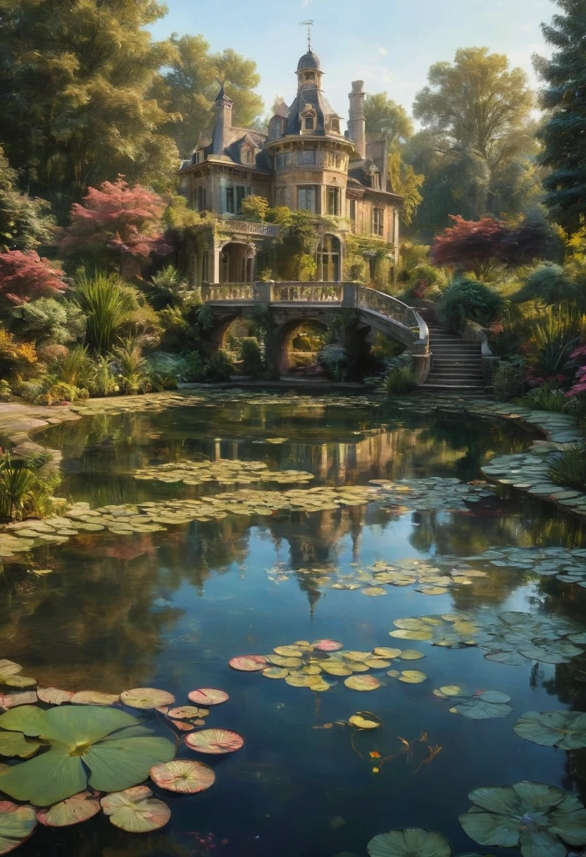 Evening Pond, by Naoki Urasawa, best quality, masterpiece, very aesthetic, perfect composition, intricate details, ultra-detailed
