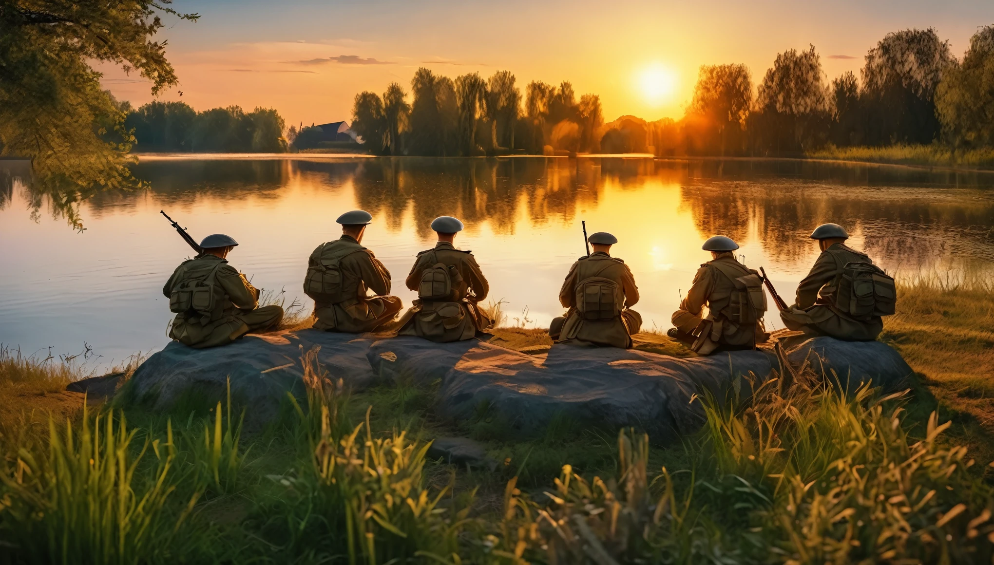 realistic photo, Masterpieces, fantasy, evening pond, several soldiers standing on the edge of the pond by the shore, watching the sunset and the low hanging sun, sun reflections on the water, beautiful evening colors, golden hour, beautiful lighting and long shadows, HDR, raw photo,  8k, ultra details