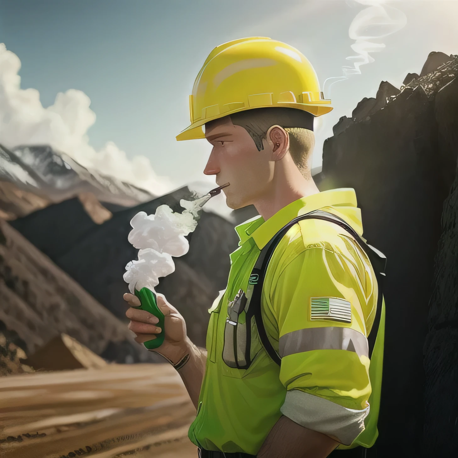 A mining employee wearing a white work helmet wearing highlighter green and dark blue work clothes in the mining area while smoking