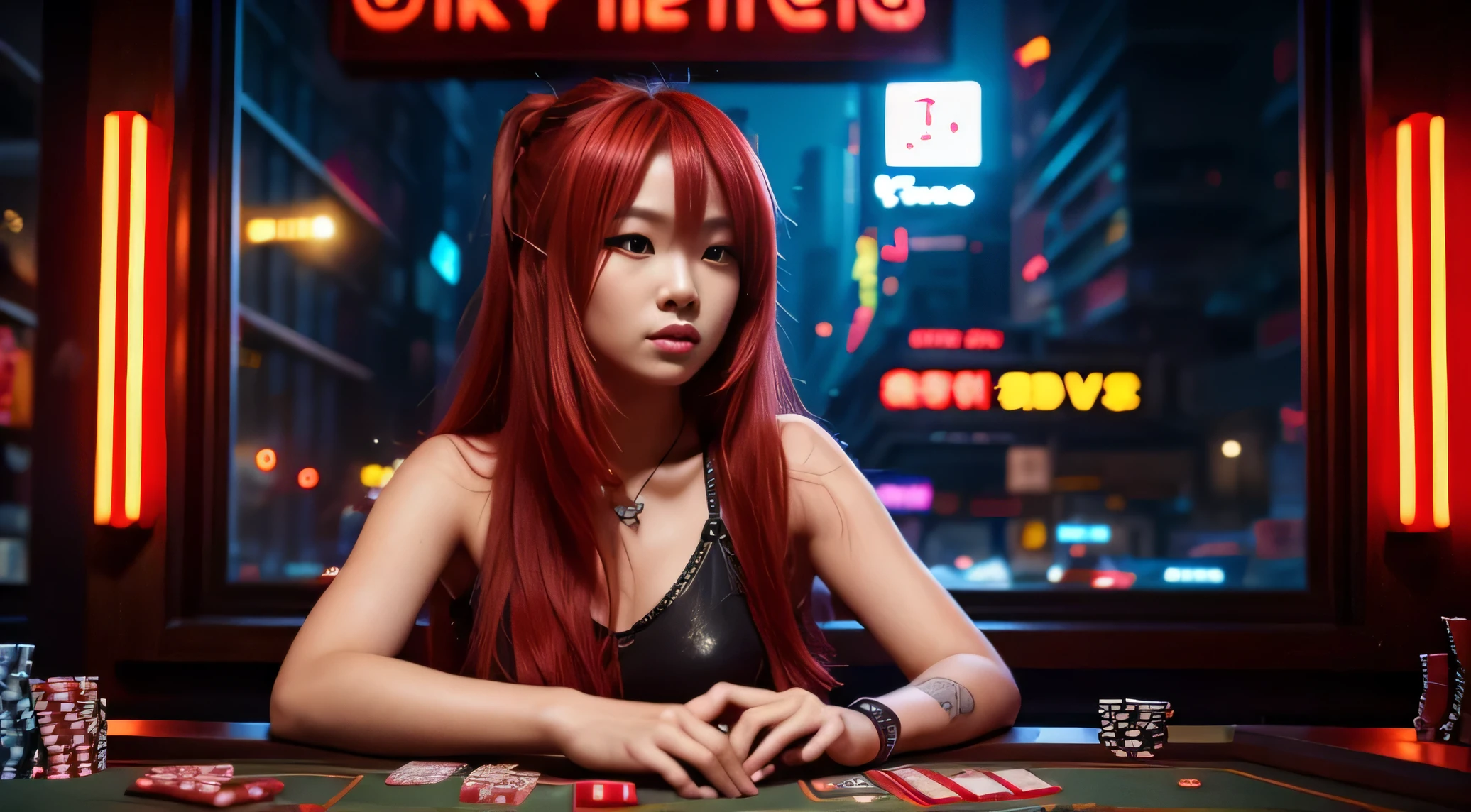 Long Red Haired Asian Female looking camera and sitting in a Apartment,Red,Sitting,Night,Table,Playing Cards,Dust,Artwork,3D,4K,Detailed,Realistic,cyberpunk,cozy,neon lights,retro tech,window,Poker,Invertory