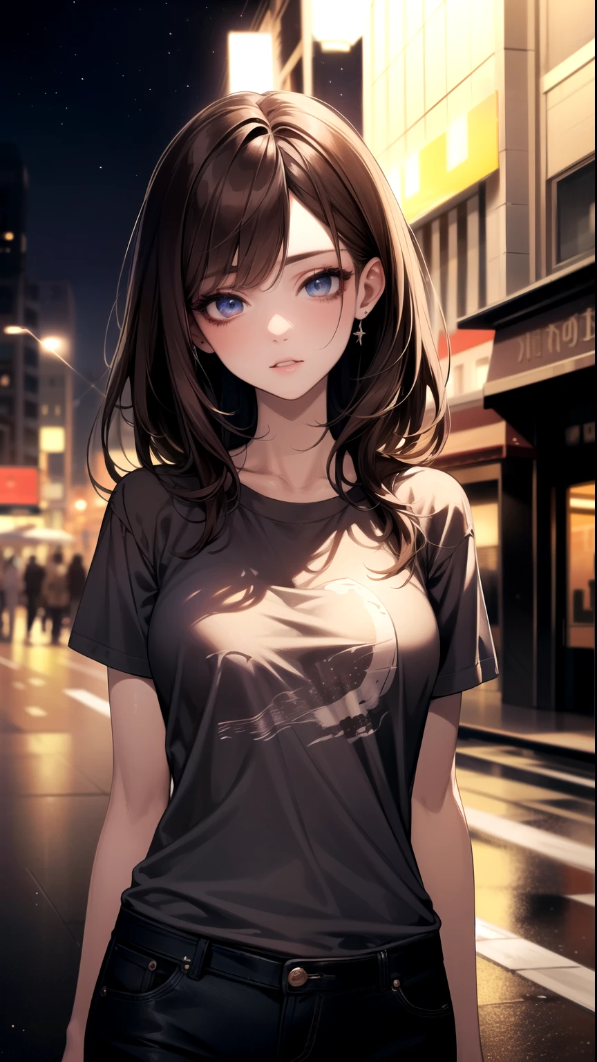 (highest quality, High resolution, masterpiece :1.3), Beautiful woman, slender body shape, dark brown hair, T-shirt, (night city street), Highly detailed face and skin texture, fine eyes, double eyelid