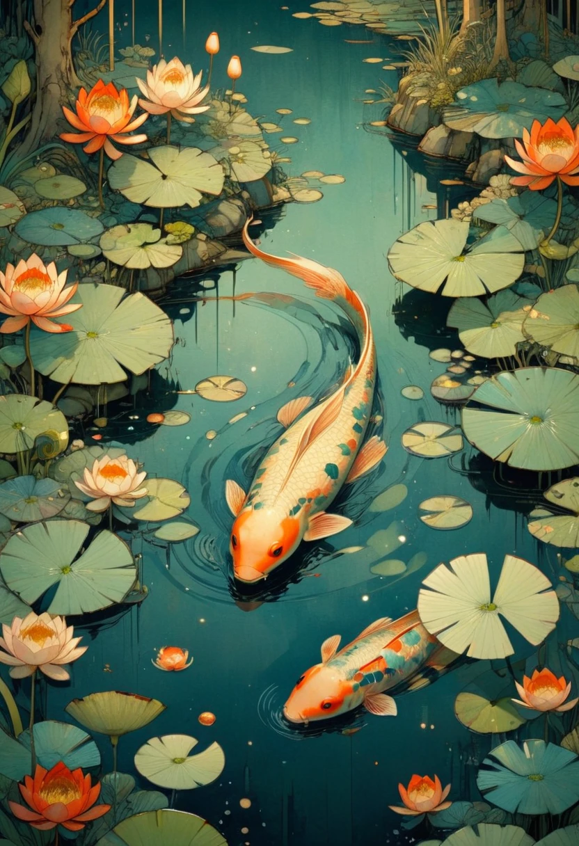 Evening Pond, by Victo Ngai, (masterpiece, best quality, perfect composition, very aesthetic, absurdres, ultra-detailed, intricate details, Professional, official art, Representative work:1.3)