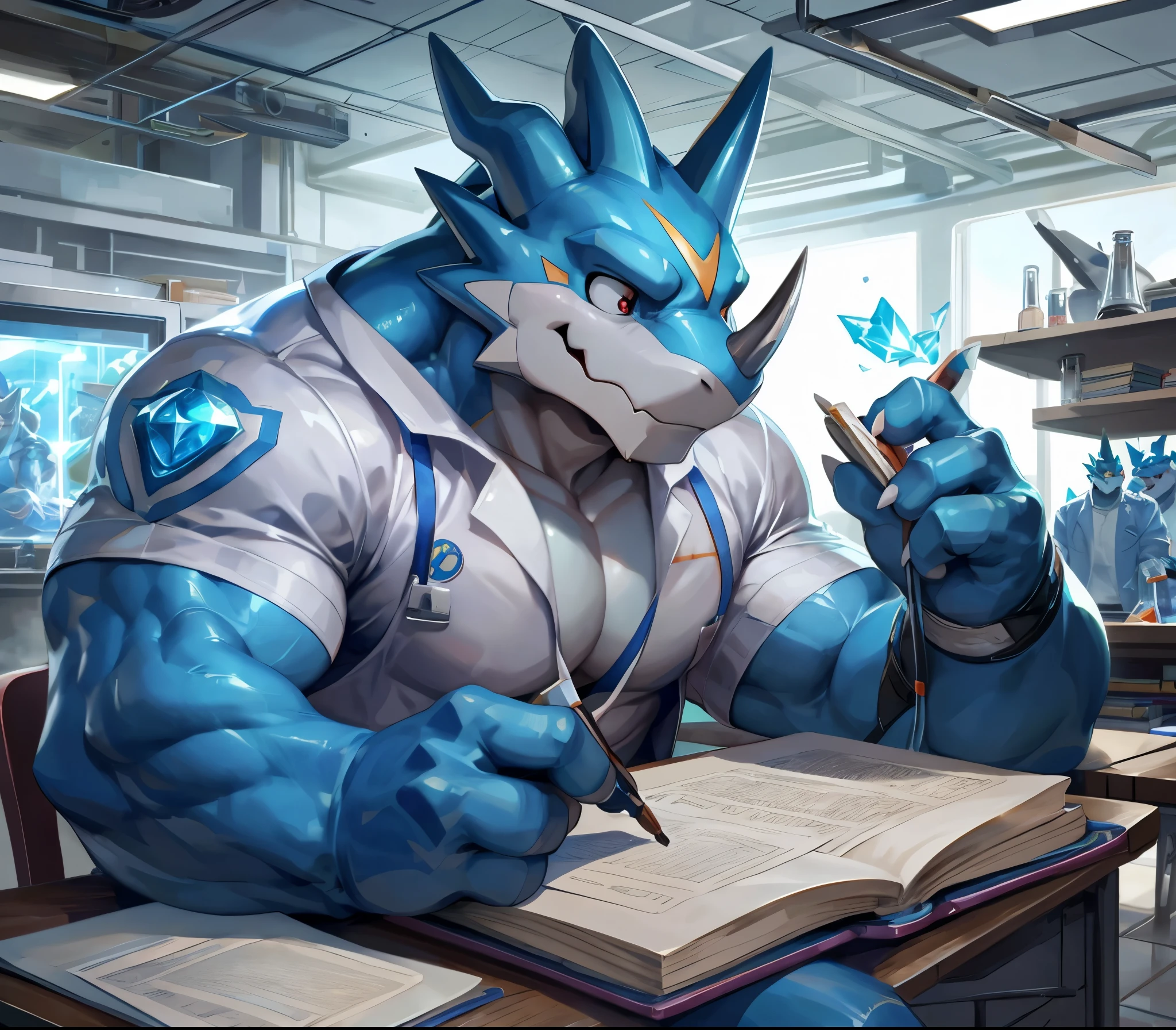 masterpiece,high quality,anime,detailed eyes, male exveemon, Great physique,strong arms manly, in the Big School, Studying on the Room, Laboratory, Scientist suit, analyzing the project, (Star Spark), Shimmering Magic crystal, Thinking, by null-ghost,by pino daeni