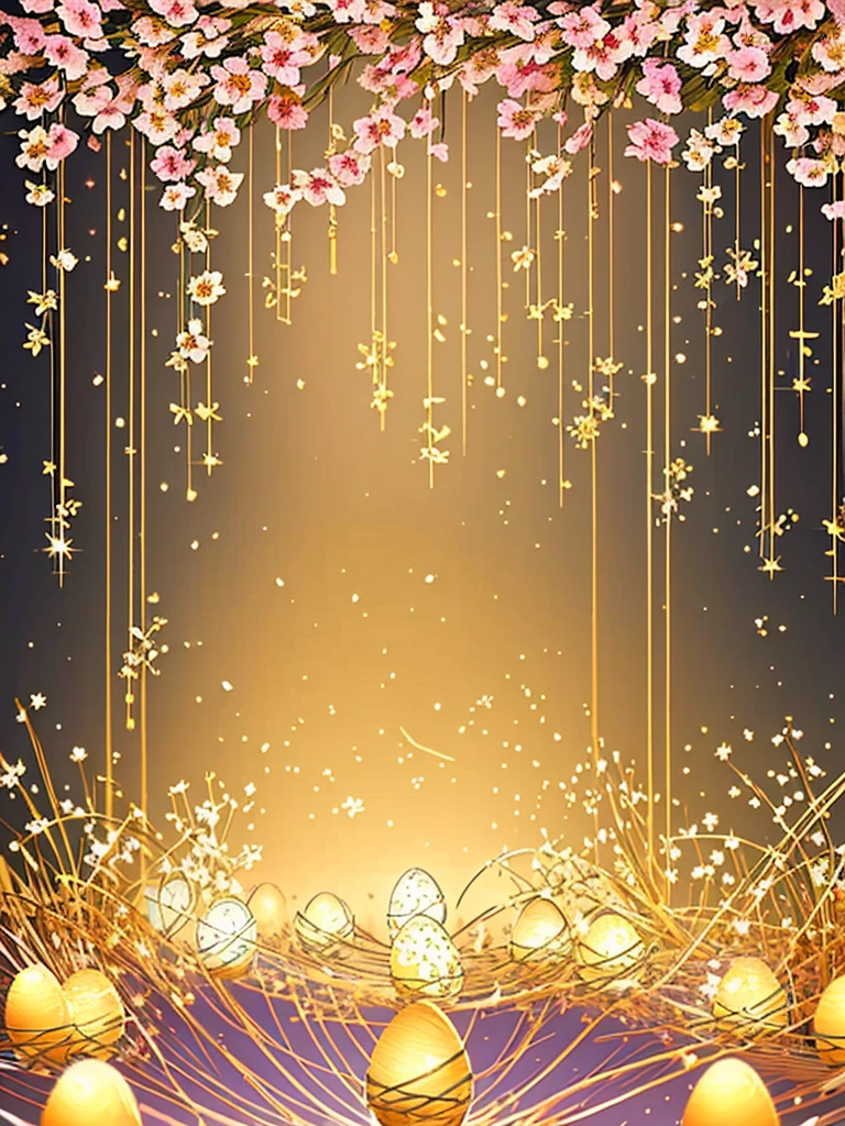 Beautiful Easter decoration in the style of a eastercard in light colors and gold in shabby chic, rococo, satin bow, Easter eggs, , floral branches of spring flowers, gold Easter decorations, diamond dust, gold dust, little glowing lights, in cinematic lighting, digital painting