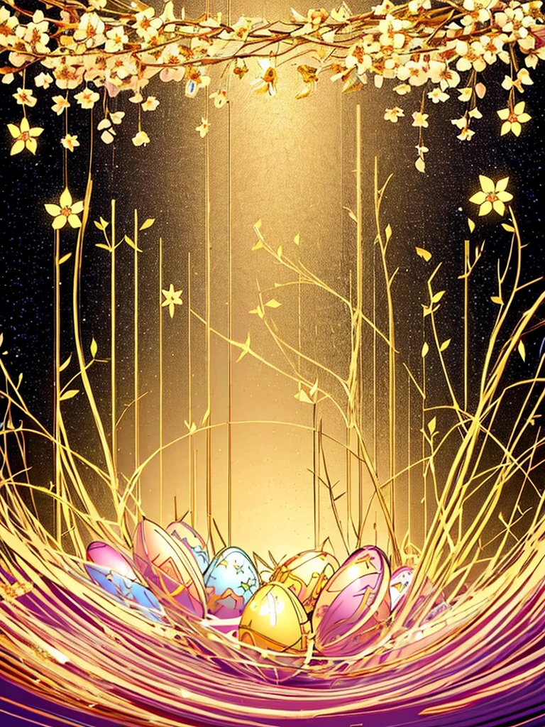 Beautiful Easter decoration in the style of a eastercard in light colors and gold in shabby chic, rococo, satin bow, Easter eggs, , floral branches of spring flowers, gold Easter decorations, diamond dust, gold dust, little glowing lights, in cinematic lighting, digital painting