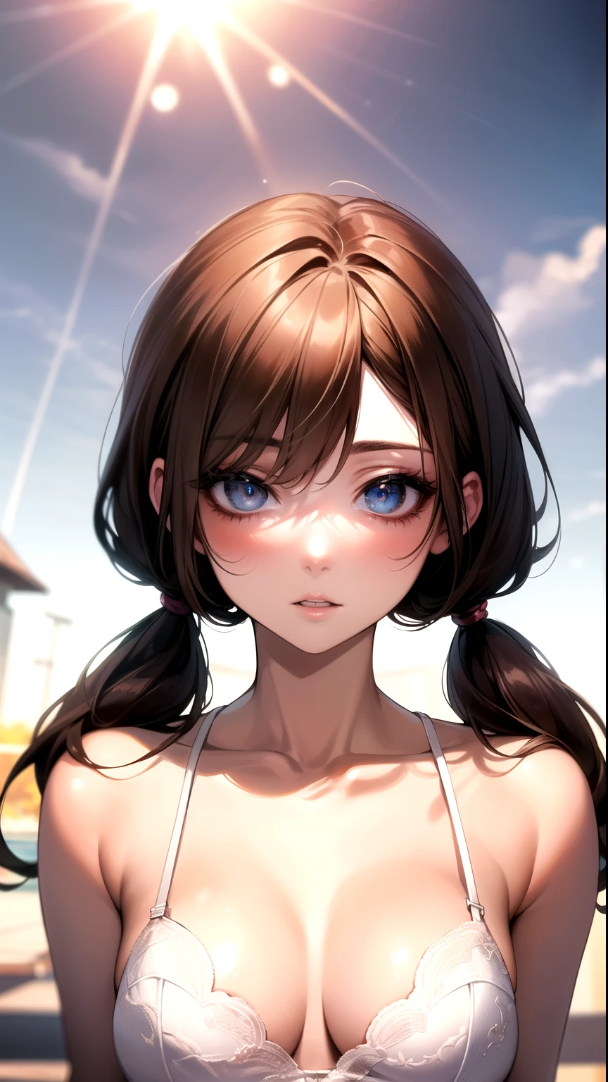 (highest quality, High resolution, masterpiece :1.3), Beautiful woman, slender body shape, dark brown hair low twintails, underwear, (sunny park), Highly detailed face and skin texture, fine eyes, double eyelid,drooping eyes,