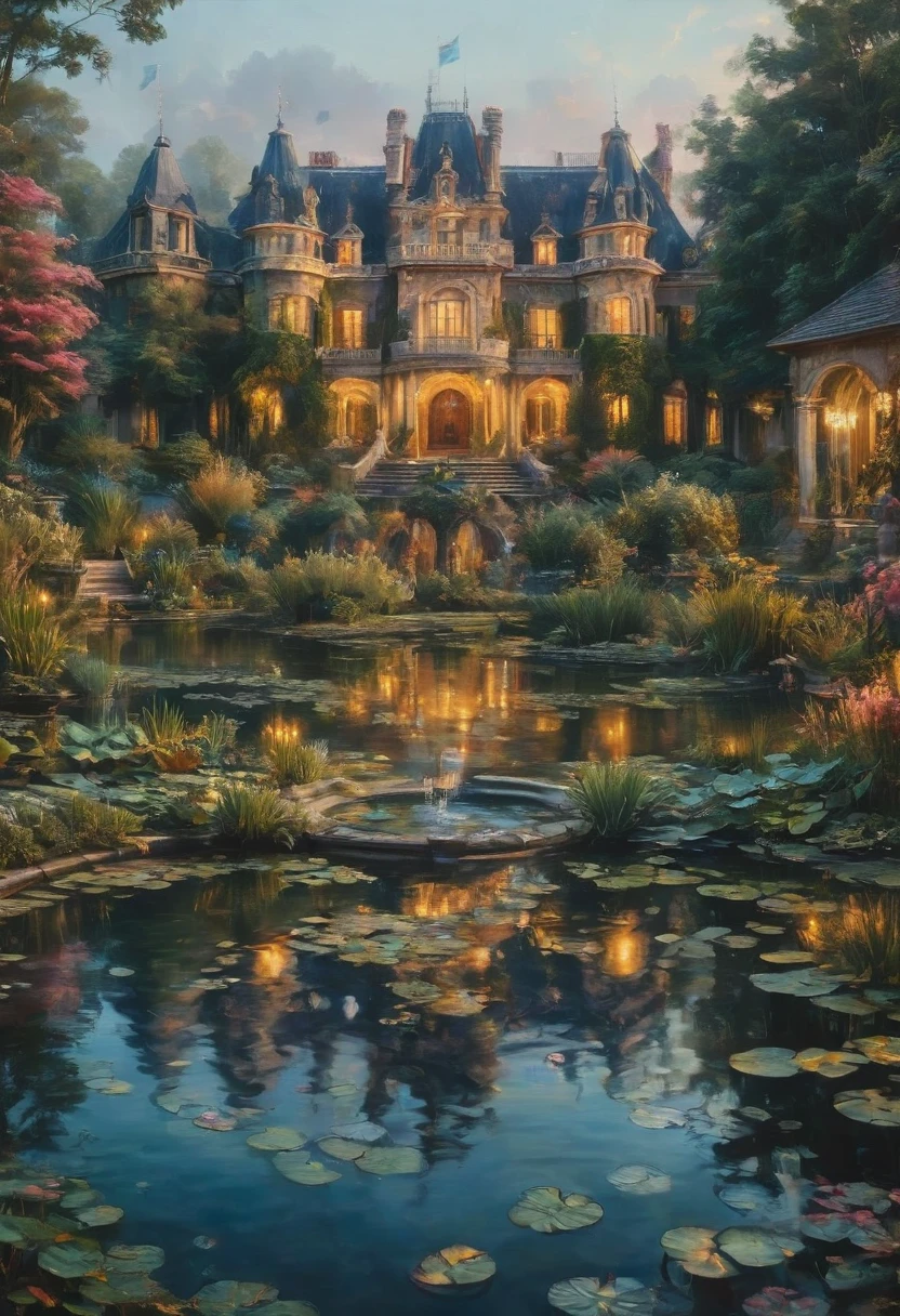 Evening Pond, by Naoki Urasawa, best quality, masterpiece, very aesthetic, perfect composition, intricate details, ultra-detailed