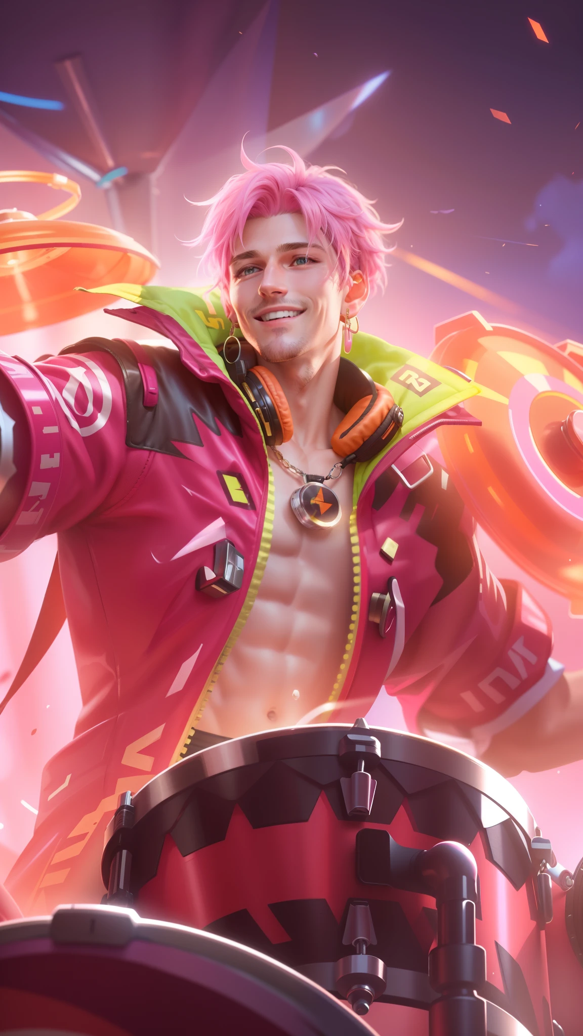 (8k, RAW photo, photorealistic:1.25), best quality, ultra highres, depth of field, chromatic aberration, caustics, Broad lighting, natural shading, ultra detailed texture, hyper realistic, detailed texture, detailed face, detailed skin, detailed hair, real hair, detail eyes, cinematic background, a close up of a man with pink hair and a colorful outfit, earrings in ears, headphone, smile happy, a man with a pink jacket and a drum in his hand