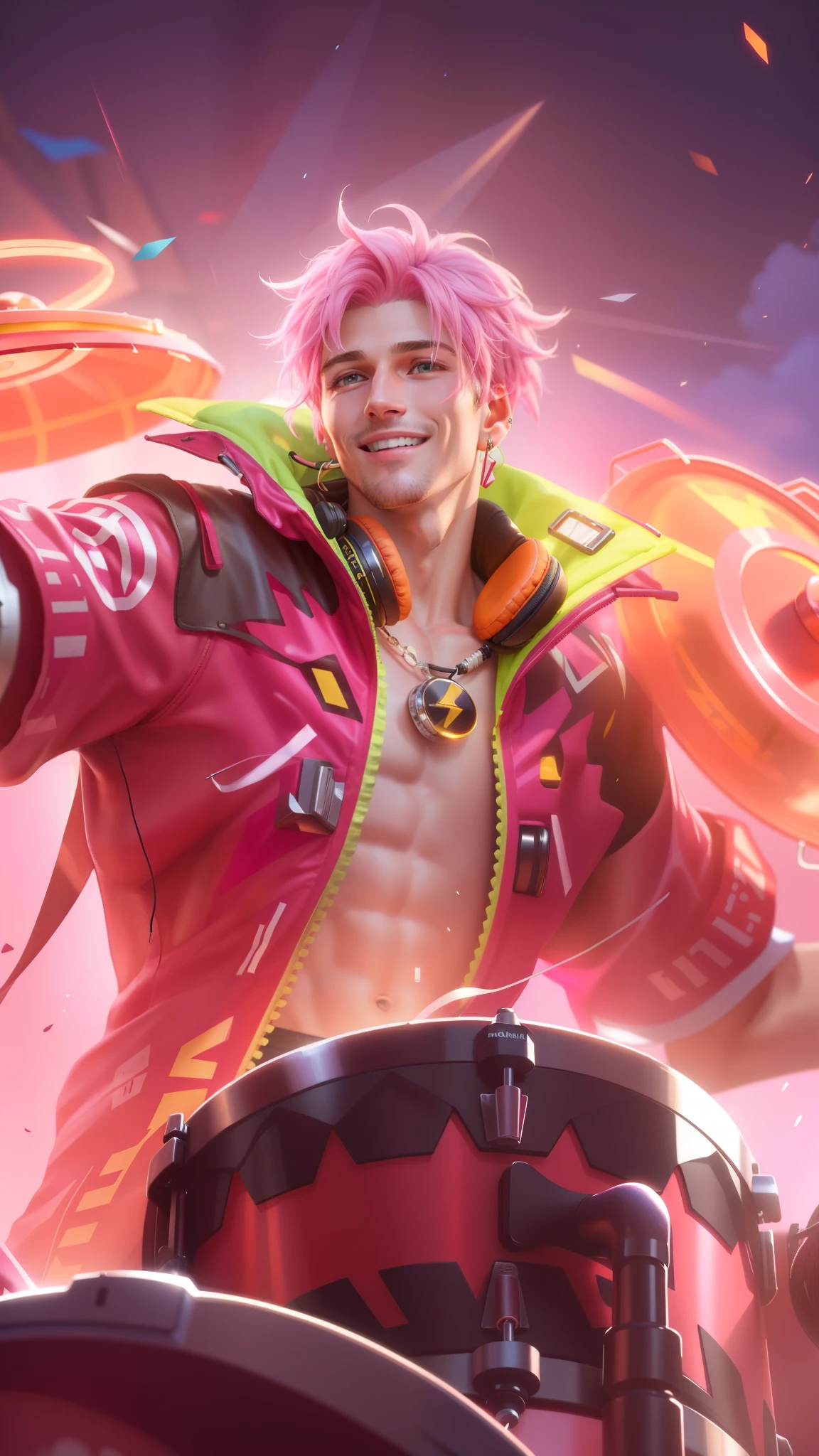 (8k, RAW photo, photorealistic:1.25), best quality, ultra highres, depth of field, chromatic aberration, caustics, Broad lighting, natural shading, ultra detailed texture, hyper realistic, detailed texture, detailed face, detailed skin, detailed hair, real hair, detail eyes, cinematic background, a close up of a man with pink hair and a colorful outfit, earrings in ears, headphone, smile happy, a man with a pink jacket and a drum in his hand