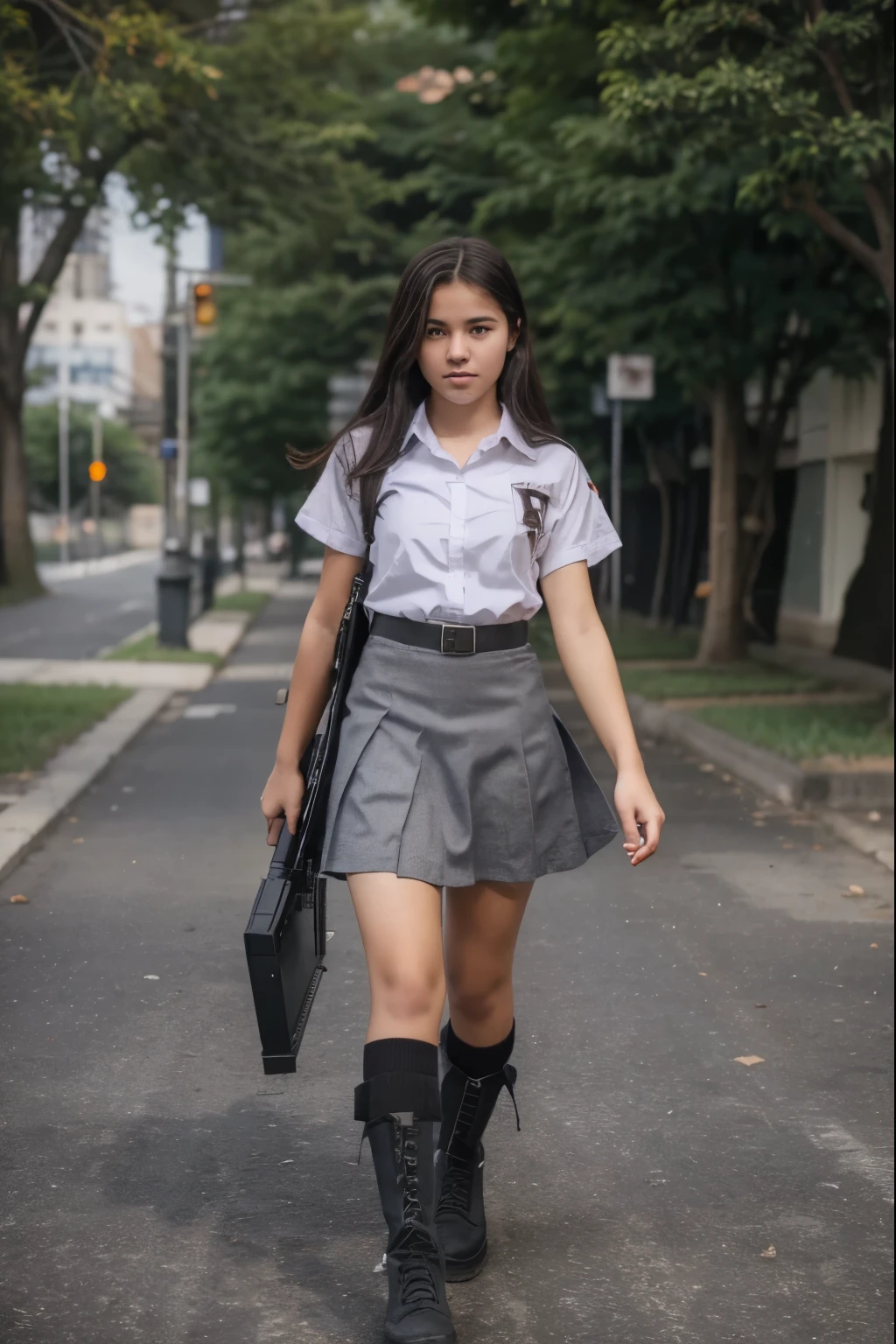 A high school student girl, high , white short-sleeved shirt, and short gray skirt, black boots, looks scary carrying a long-barreled firearm, AK-47, standing in the middle of the city