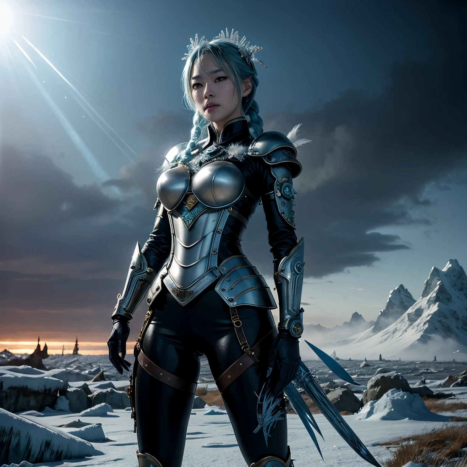 Style by Yuko Shimizu, Masamune Shirow, Inio Asano and Junji Ito. ultra detailed illustration A beautiful Elsa steampunk demon warrior armor with icy blue and white lighting standing in icy field.