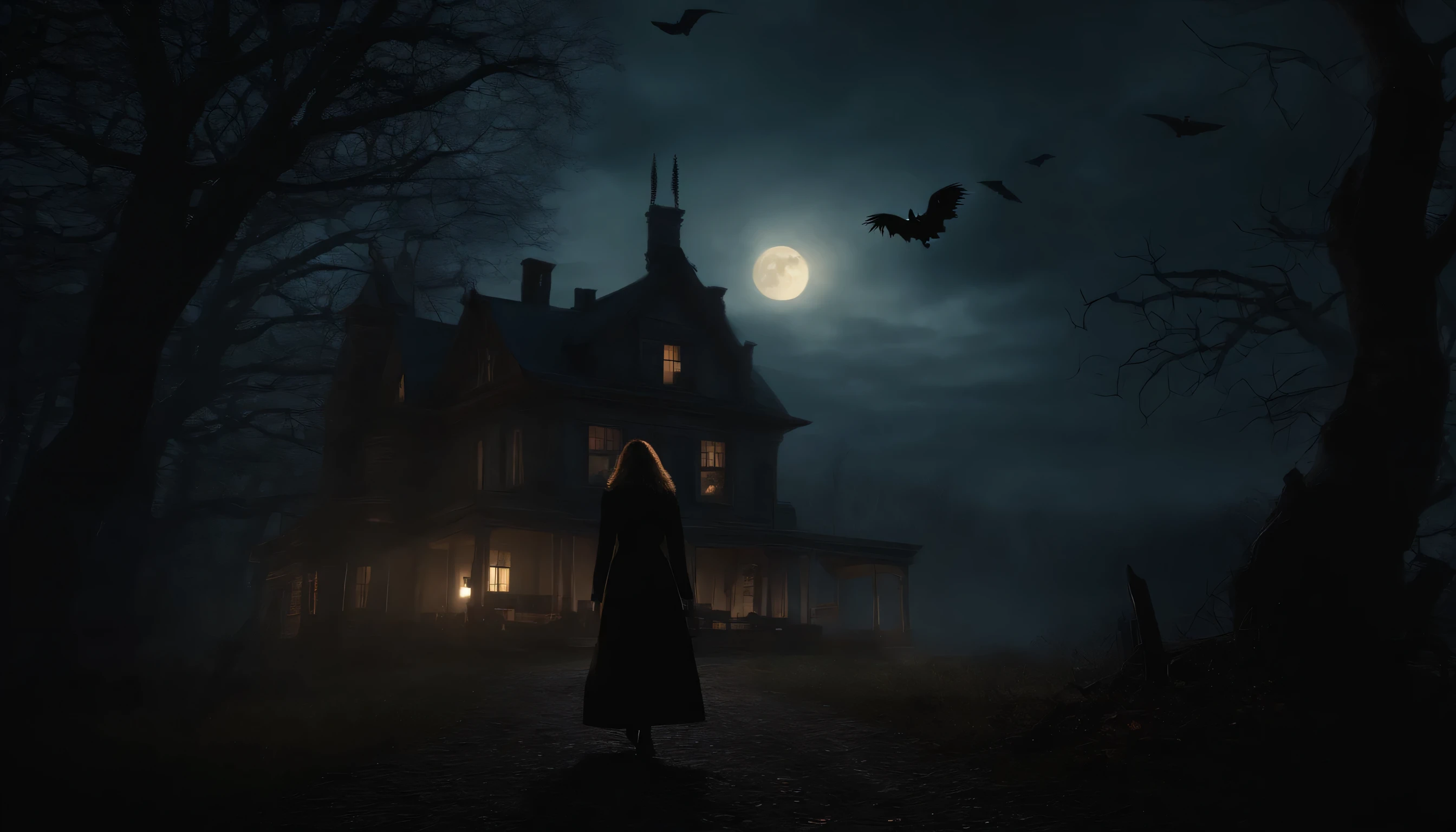 (a witch),cursing,a family of mother,father and son,(horror:1.1) [witch:0.9] [cursing:0.9] [family:0.9] [mother:0.9] [father:0.9] [son:0.9] (best quality,4k,8k,highres,masterpiece:1.2),ultra-detailed,(realistic,photorealistic,photo-realistic:1.37),dark and eerie lighting,creepy atmosphere,haunting expressions,body language showing fear,dark silhouette of a witch with glowing eyes,wispy and tangled hair,flying bats,spooky forest in the background,thick fog rolling in,vivid colors with deep shadows,ominous sky,witch's hand casting a spell,terrified looks on the family's faces,crow circling above the scene,creepy old house nearby,full moon illuminating the scene,horror movie vibes
