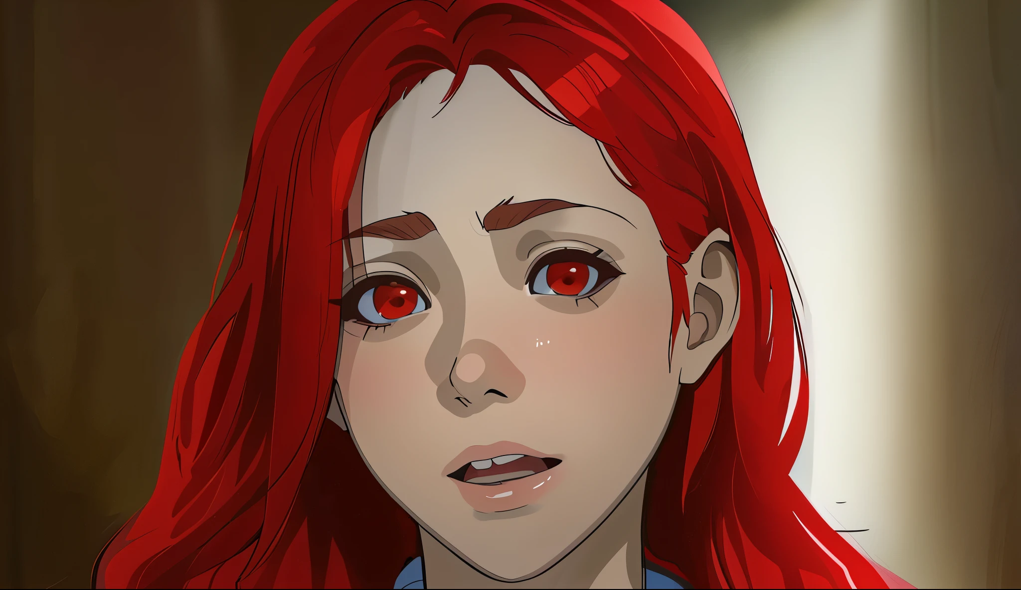 cute 16 year old girl with red hair speaks mockingly with irony