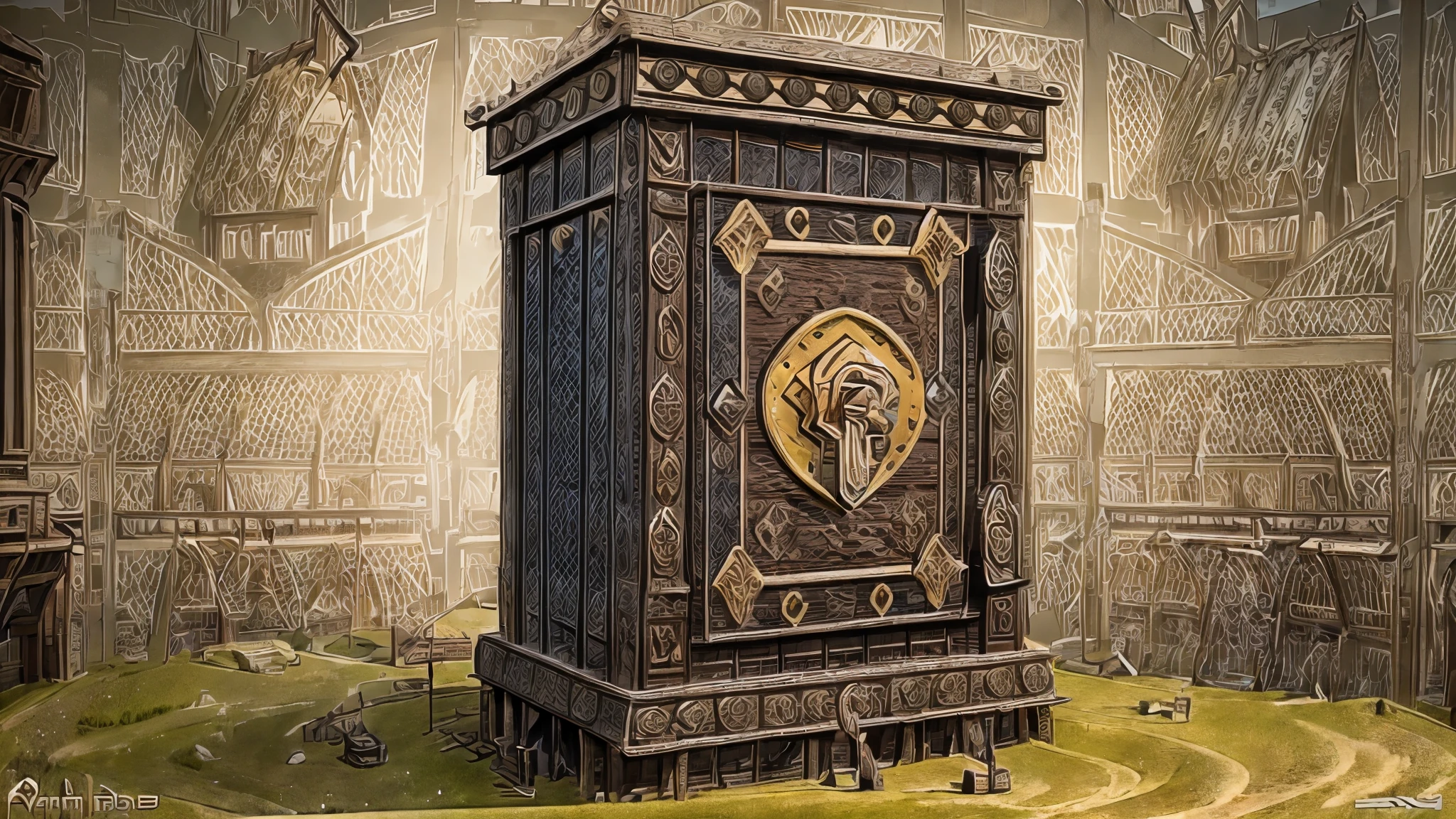 (best quality, 8k, panoramic view, masterpiece) bank safe, small, medieval style, with runic key,