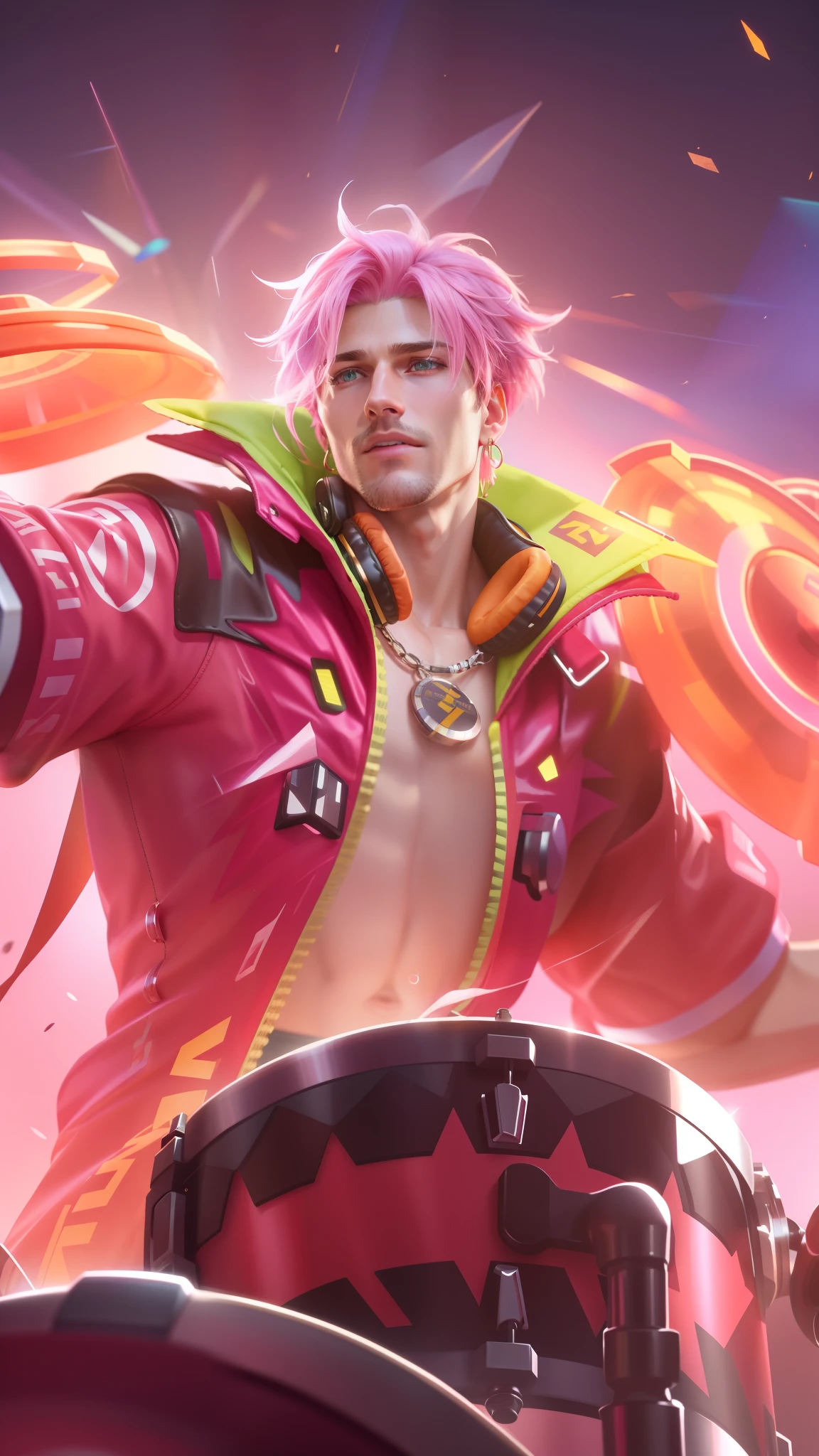 (8k, RAW photo, photorealistic:1.25), best quality, ultra highres, depth of field, chromatic aberration, caustics, Broad lighting, natural shading, ultra detailed texture, hyper realistic, detailed texture, detailed face, detailed skin, detailed hair, real hair, detail eyes, cinematic background, a close up of a man with pink hair and a colorful outfit, earrings in ears, headphone, a man with a pink jacket and a drum in his hand