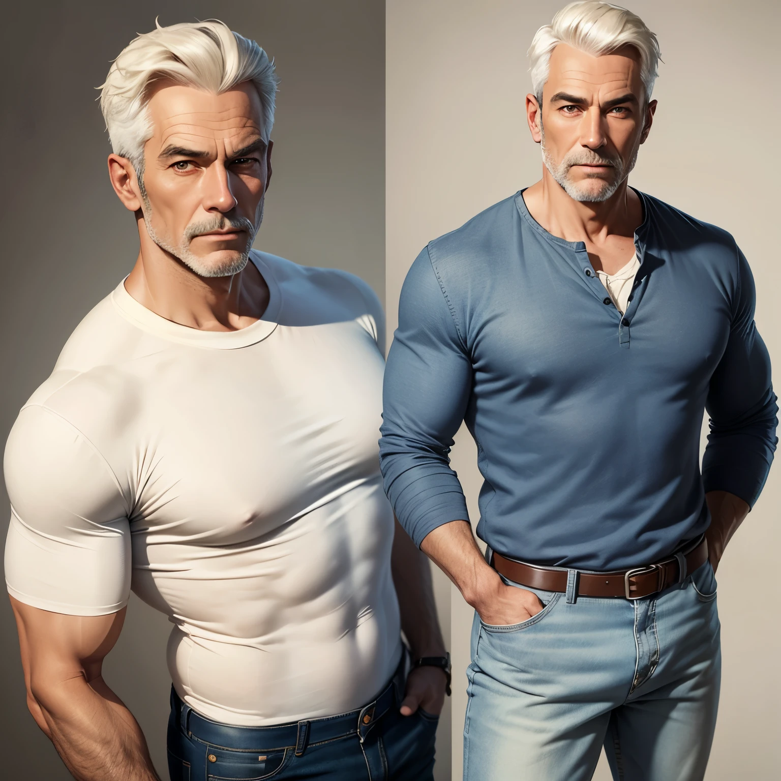 handsome man around 55 years old wearing jeans and thank top on a neutral background