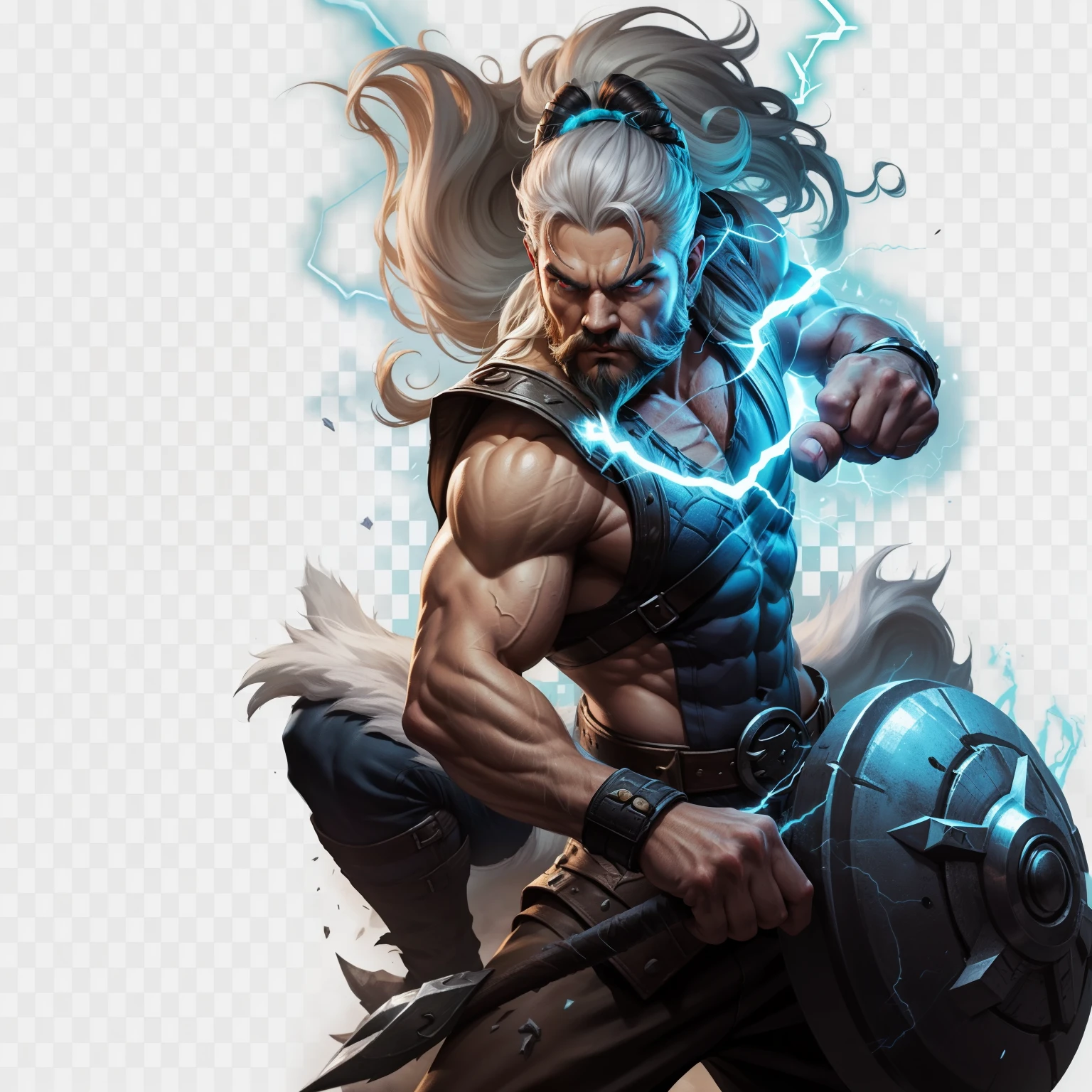 A man fighting game character with a beard and lightning bolts,, League of legends character art, darkside style, Darksiders art style, epic digital art illustration, Mysterious League of Legends, league of legends style,Zeus,white beard,white hair,(Thunder and lightning surround),White background,abdominal muscles,strong的肌肉,elderly,punch,strong,(Very burly figure),Thunder element,非常strong,muscular,obesity,norse god,Zeus,(white background)