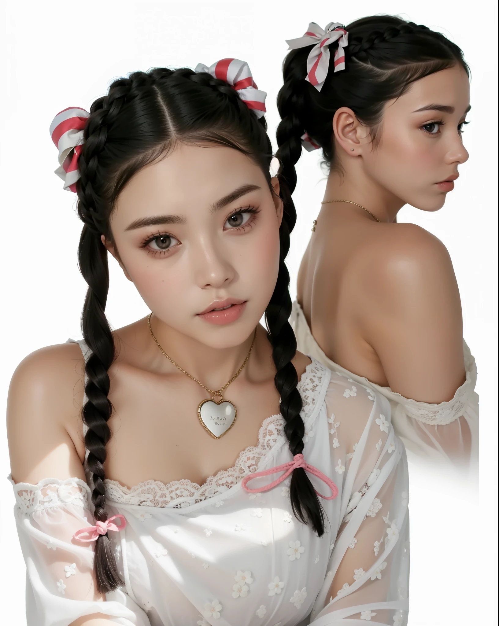 hay dos mujeres con trenzas y un collar en el cuello, coletas hairstyle, two coletas hairstyle, coletas hair, peinado de dos colas, with black coletas, coletas, short coletas hair, coleta, bella delfina, coleta braids, ulzzang, guweiz, hair in coletas, peinado kawaii, sakimichan