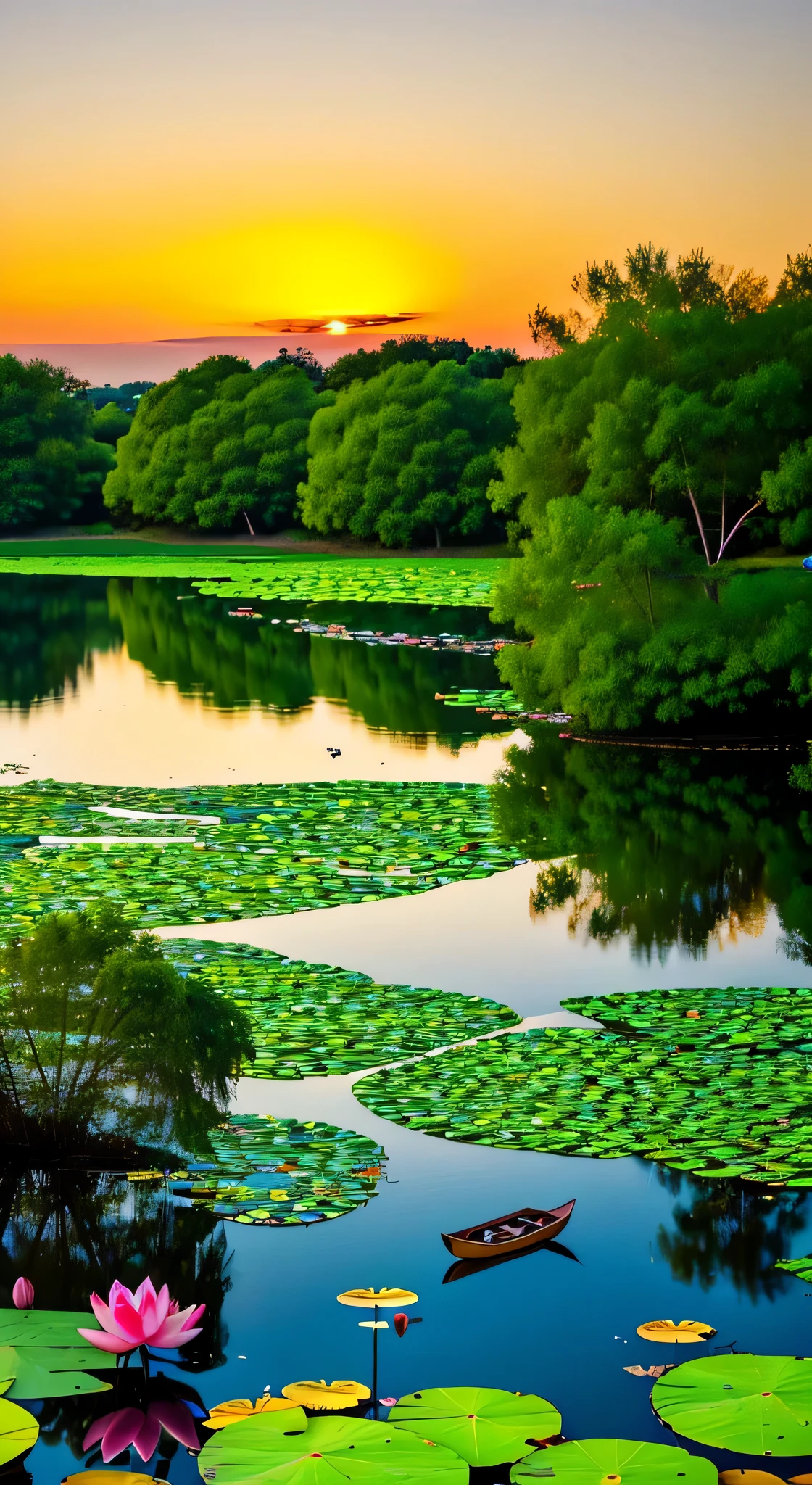 **Exquisite masterpiece | vividly colored lotus pond | floating lotus leaves, night, sunset | boat gliding across the water, highly detailed, 4k resolution --ar 3:2