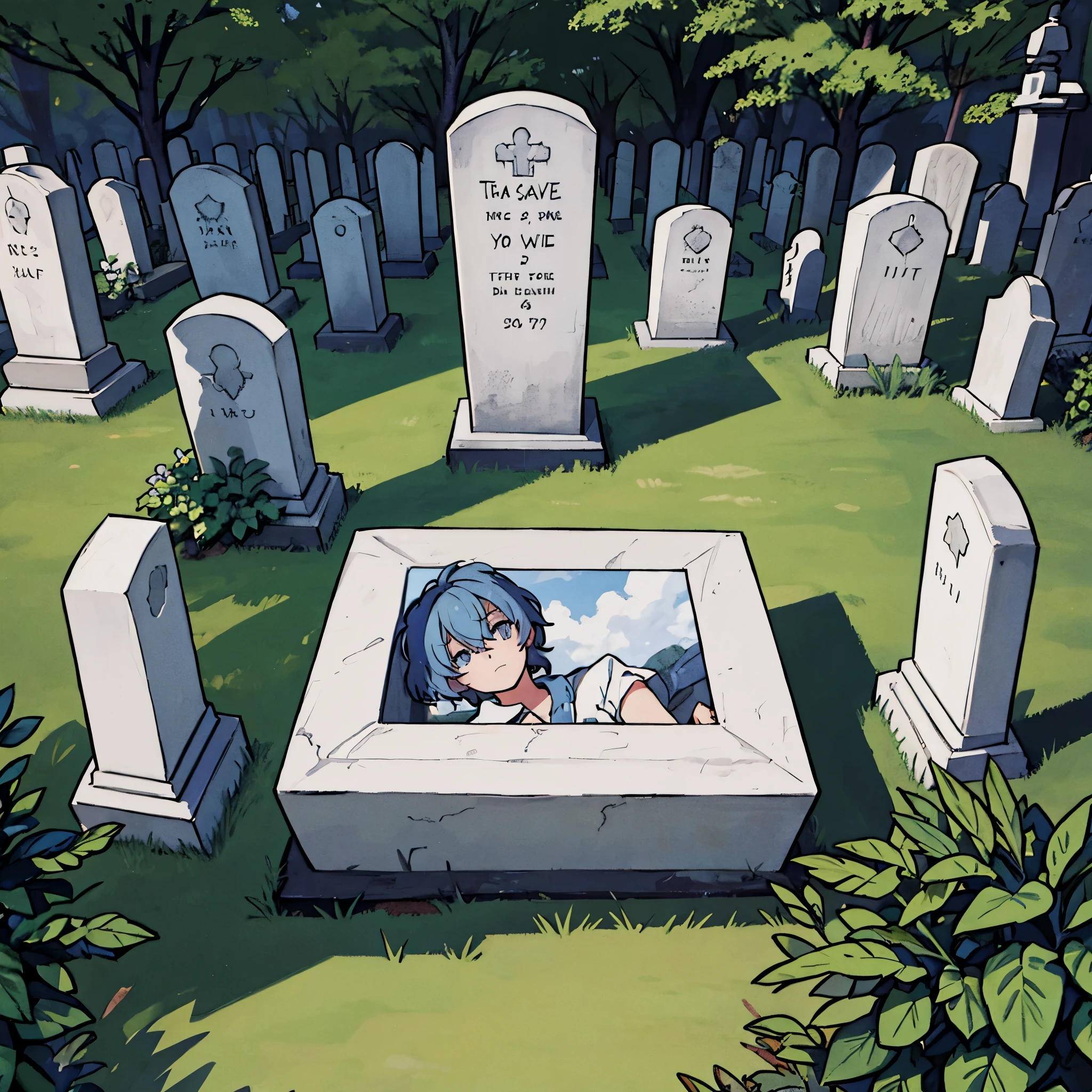 Draw a sad young man looking at a sayingori tombstone in a cemetery 