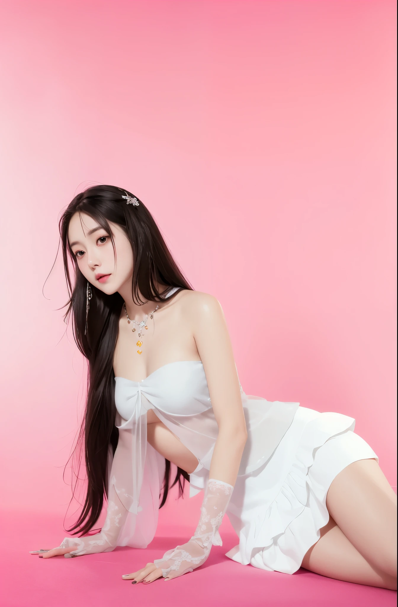 Mujer araffe vestida de blanco sentada sobre fondo rosa con pelo largo, xianxia de cuerpo completo, sha xi, tendencia en cgstation, bella delfina, tendencia en cgstation, preciosa modelo china, Asian girl with long hair, capturado en canon eos r 6, Korean idol woman portrait, ulzzang, li zixin, pale milky white porcelain skin